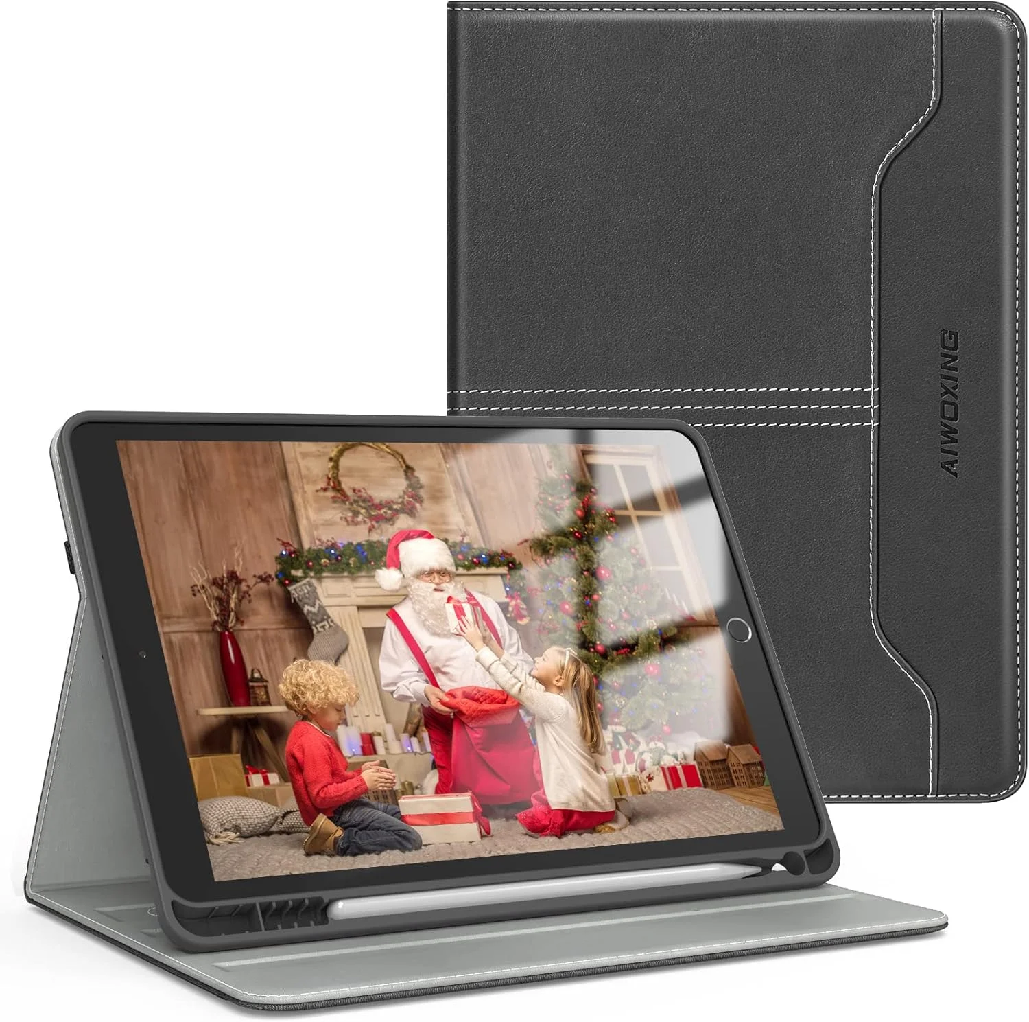 کیف آیپد جدید AIWOXING مناسب آیپد 10.2 اینچی 2020/2019 نسل 8/7 با جایگاه داخلی قلم اپل، جای کارت، قابلیت بیدار/خواب خودکار و استند با زوایای دید چندگانه، کاور چرمی هوشمند تبلت اپل، مشکی