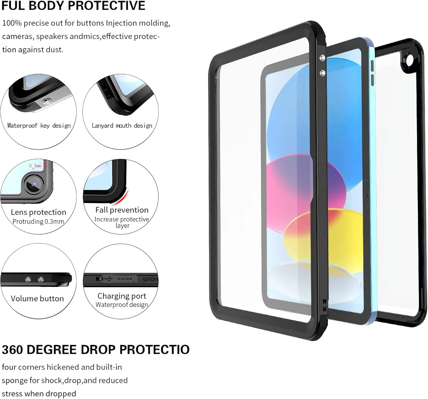 کیف ضد آب برای آیپد (A16) نسل 11 و آیپد نسل 10، کاور محافظ با کیفیت عالی و ضد ضربه، محافظ صفحه نمایش لمسی بسیار حساس داخلی با پایه و طناب دستی