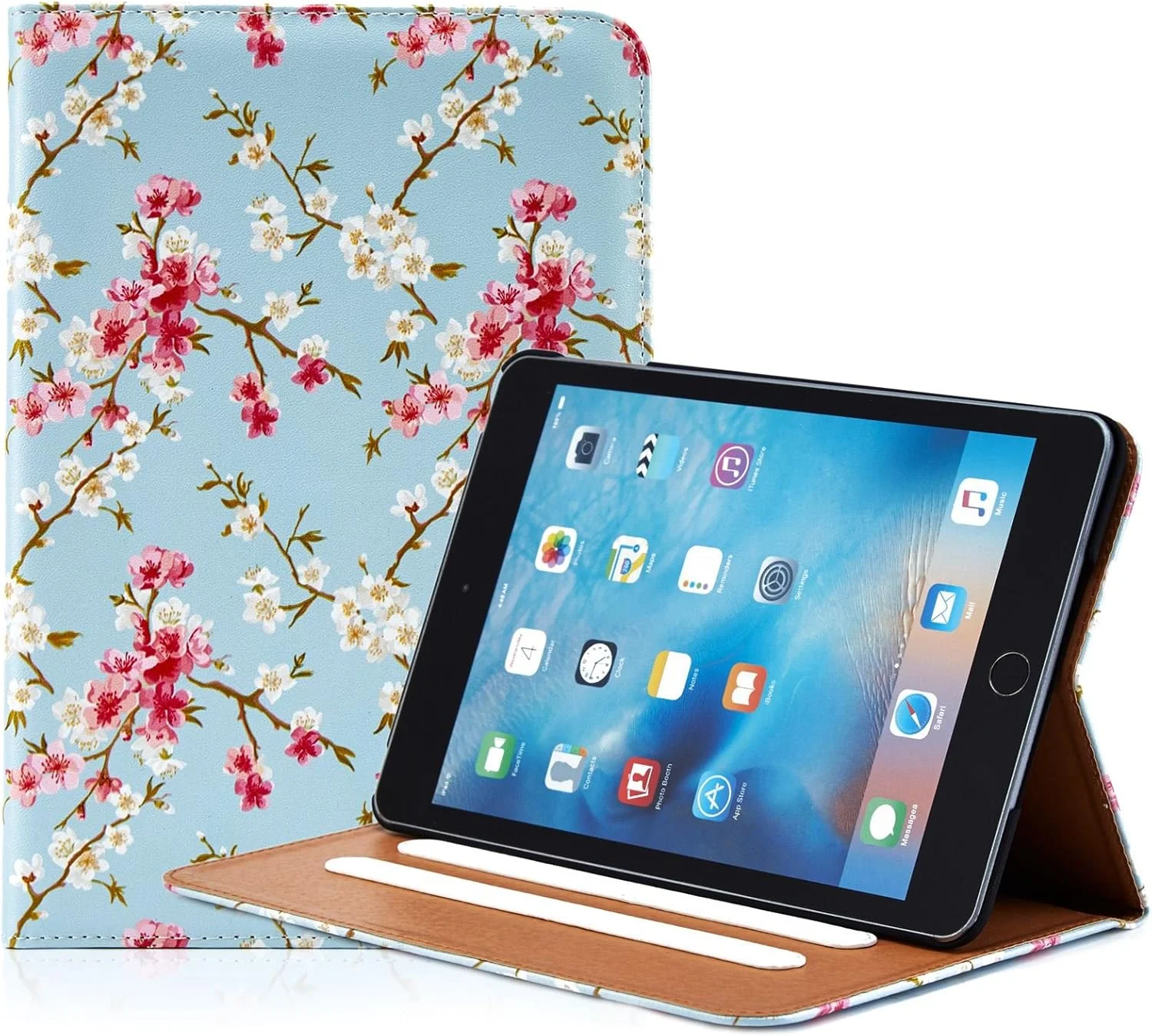 کاور کتابی چرمی طرح گلدار سری 32nd مناسب برای آیپد مینی 4 اپل (2015)، کاور تاشو با طرح گل و استند داخلی - آبی بهاری