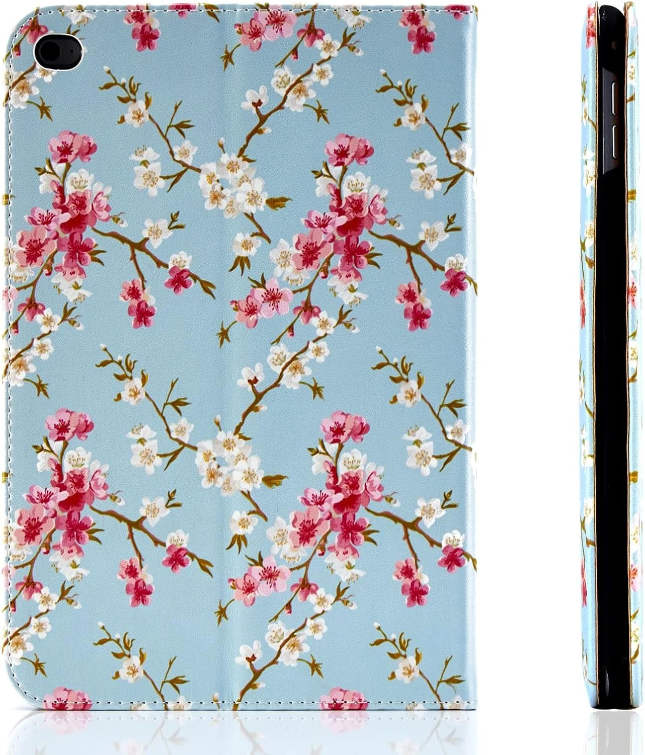 کاور کتابی چرمی طرح گلدار سری 32nd مناسب برای آیپد مینی 4 اپل (2015)، کاور تاشو با طرح گل و استند داخلی - آبی بهاری
