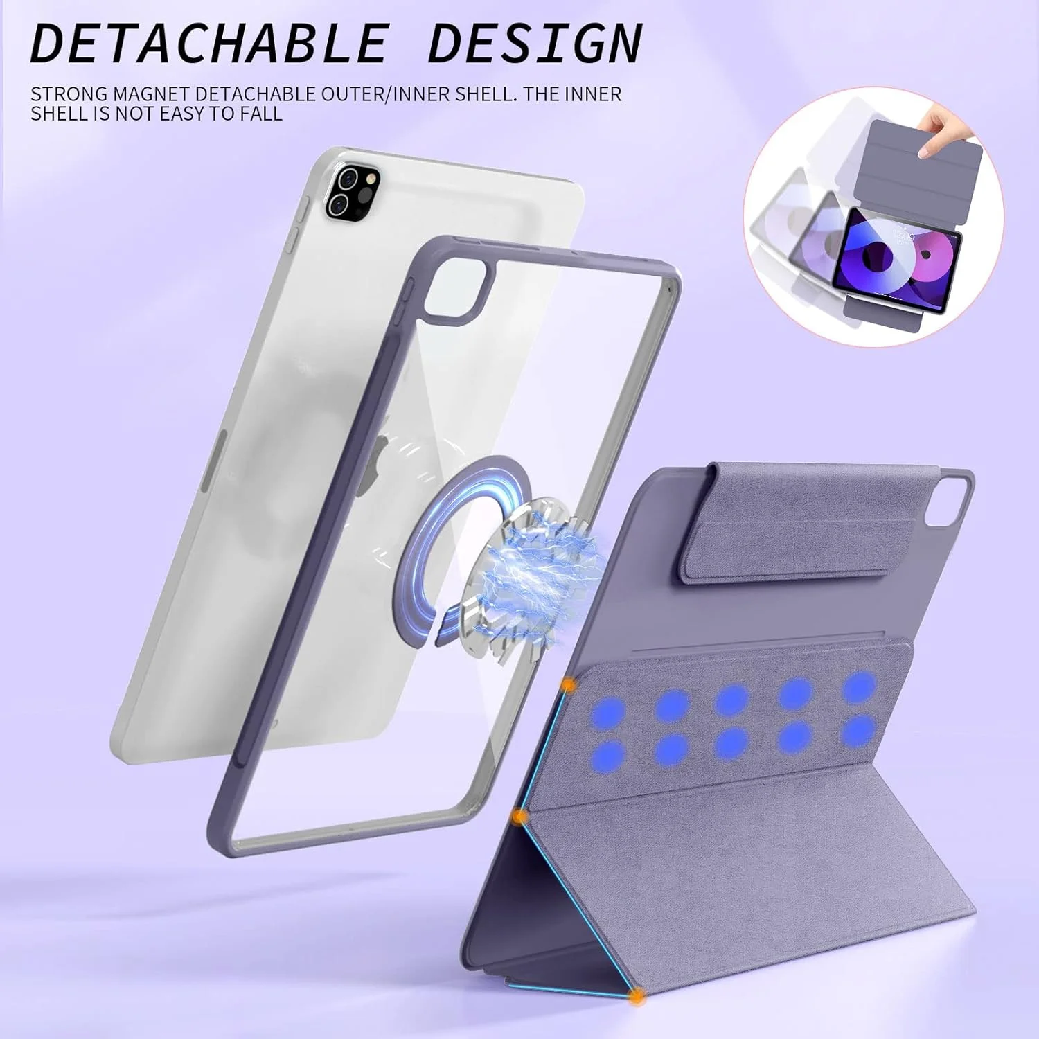 کاور ProElite برای Apple iPad Pro 11 اینچ M4 2024، کاور مغناطیسی جداشدنی هوشمند ضد ضربه برای Apple iPad Pro 11 اینچ M4 2024، اسطوخودوس
