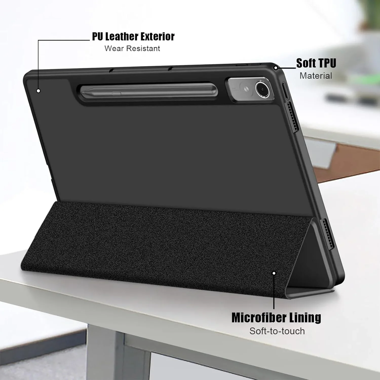 کاور هوشمند تبلت لنوو تب P12 / P12 Pro (TB-370FU/TB-371FC) 12.7 اینچی، پشتیبانی از عملکرد خواب/بیدار شدن خودکار، کاور پشتی محافظ TPU نرم و ضد ضربه، قاب تاشو (مشکی)