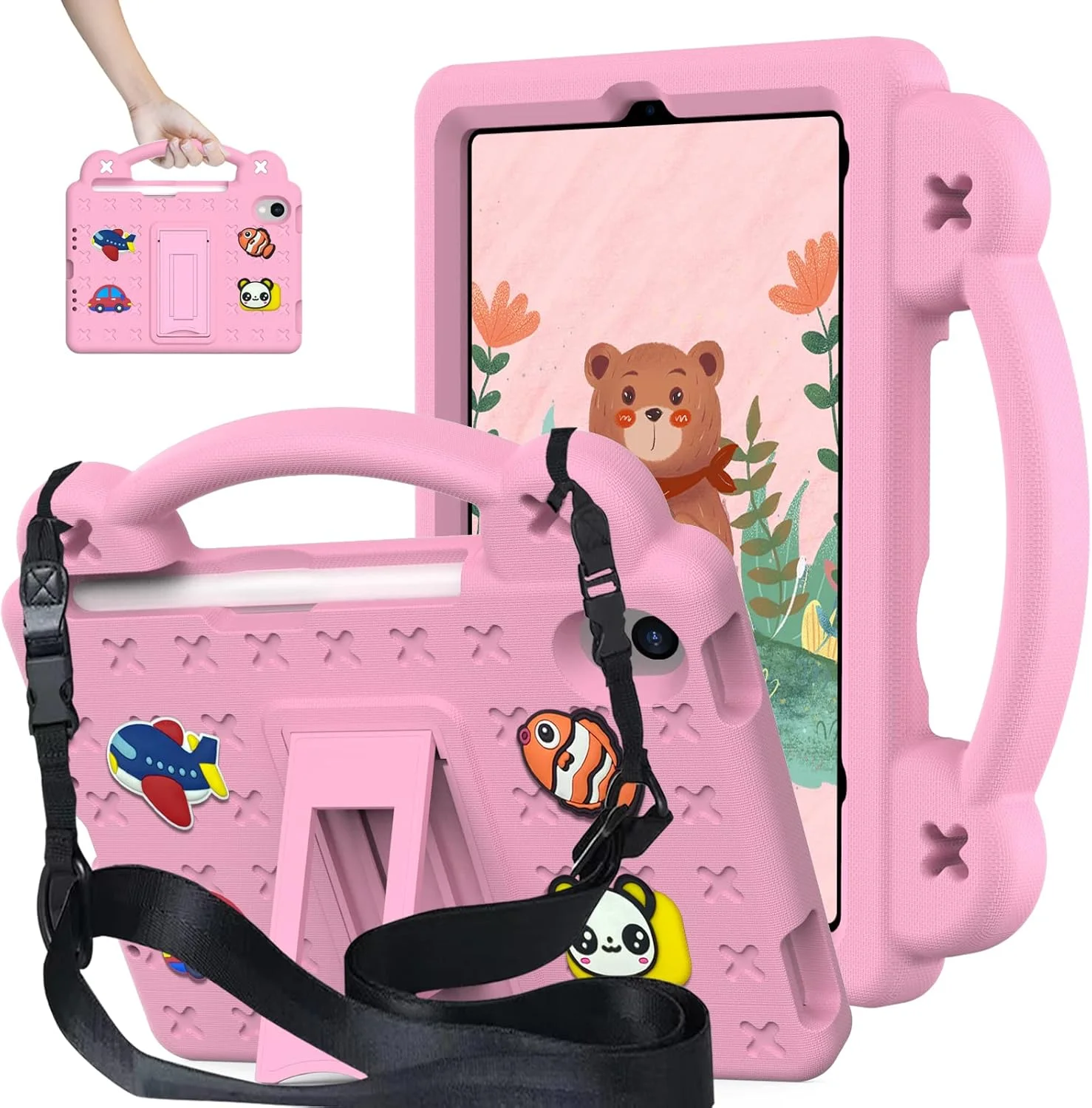 کیف تبلت کودکانه TENLOY مناسب برای آیپد مینی 6، ضد ضربه EVA با پایه تاشو/دسته/بند شانه، روکش محافظ تبلت کودکانه مناسب برای آیپد مینی نسل ششم 8.3 اینچی 2021 (صورتی)