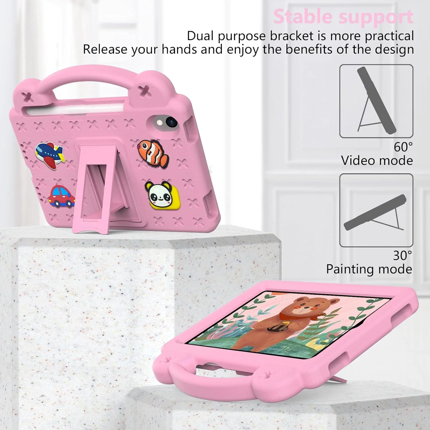 کیف تبلت کودکانه TENLOY مناسب برای آیپد مینی 6، ضد ضربه EVA با پایه تاشو/دسته/بند شانه، روکش محافظ تبلت کودکانه مناسب برای آیپد مینی نسل ششم 8.3 اینچی 2021 (صورتی)