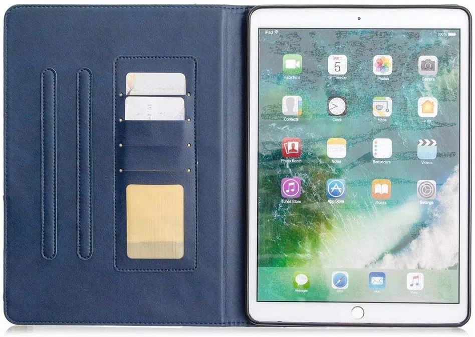 کیف هوشمند LEMORRY برای Apple iPad Pro 10.5 (2017) / A1709 / A1701، کیف چرمی ممتاز تبلت با قابلیت چرخش و دارای جای کارت، پایه نگهدارنده، آهنربای مخفی، [خواب و بیدار شدن خودکار] (آبی)