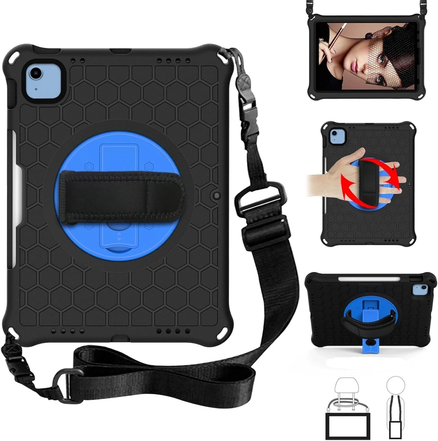 کیف تبلت کودکانه QIXUZENI سازگار با آیپد نسل 11 A16 2025 (11 اینچ)، کاور محافظ سبک و مقاوم در برابر ضربه با پایه دسته دار، طراحی زیبا و DIY، بند شانه (مشکی)