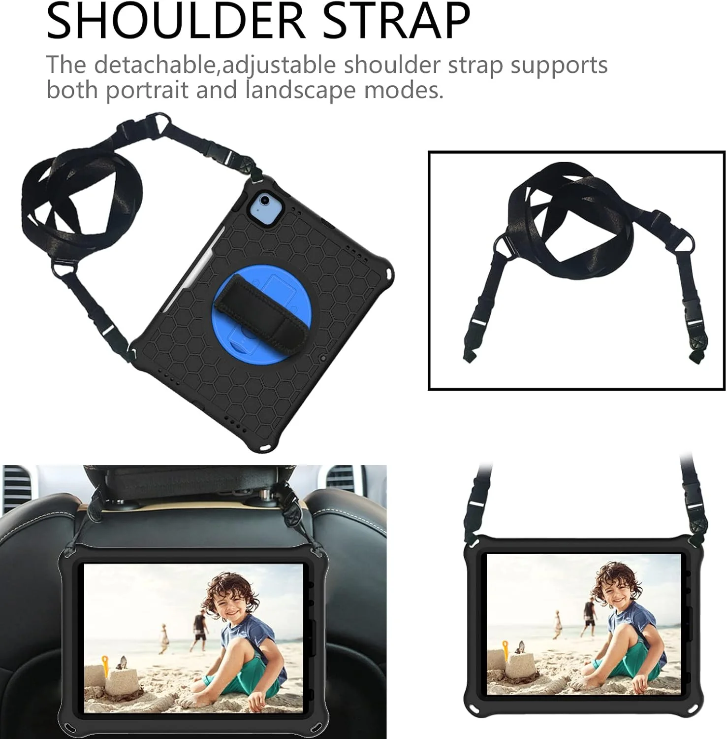 کیف تبلت کودکانه QIXUZENI سازگار با آیپد نسل 11 A16 2025 (11 اینچ)، کاور محافظ سبک و مقاوم در برابر ضربه با پایه دسته دار، طراحی زیبا و DIY، بند شانه (مشکی)