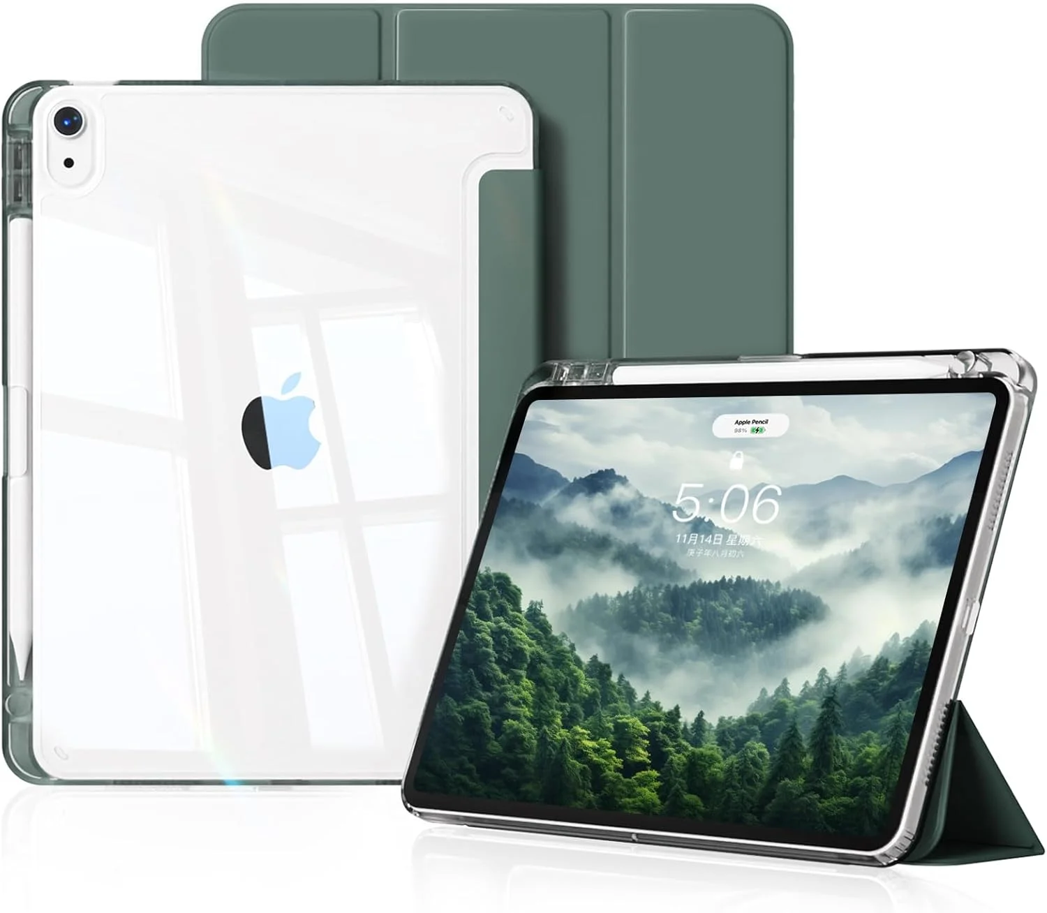 KVTVOU Case for iPad Air 11 Inch 2025/2024 (M3/M2 7th/6th Gen), iPad Air 5th / 4th Generation 2022/2020 10.9 Inch with Pencil Holder, Clear Back, Ultrathin Protective Case, Auto Sleep/Wake, Dark Green