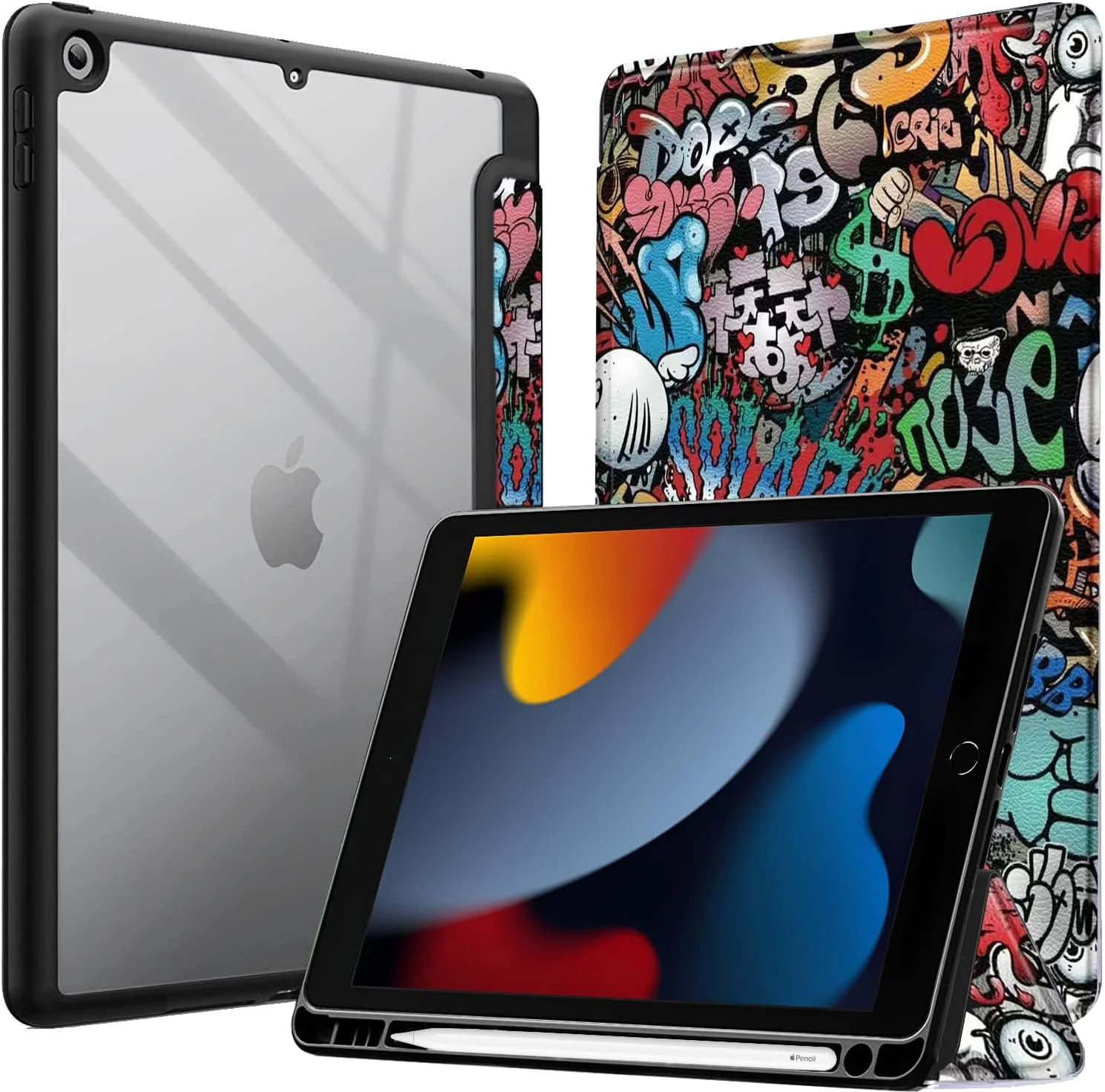 کاور پروElite برای آیپد 10.2 اینچی، کاور هوشمند تاشو برای آیپد 10.2 اینچی نسل 9/8/7 سال 2021، پشت نرم شفاف با نگهدارنده مداد، طرح Hippy