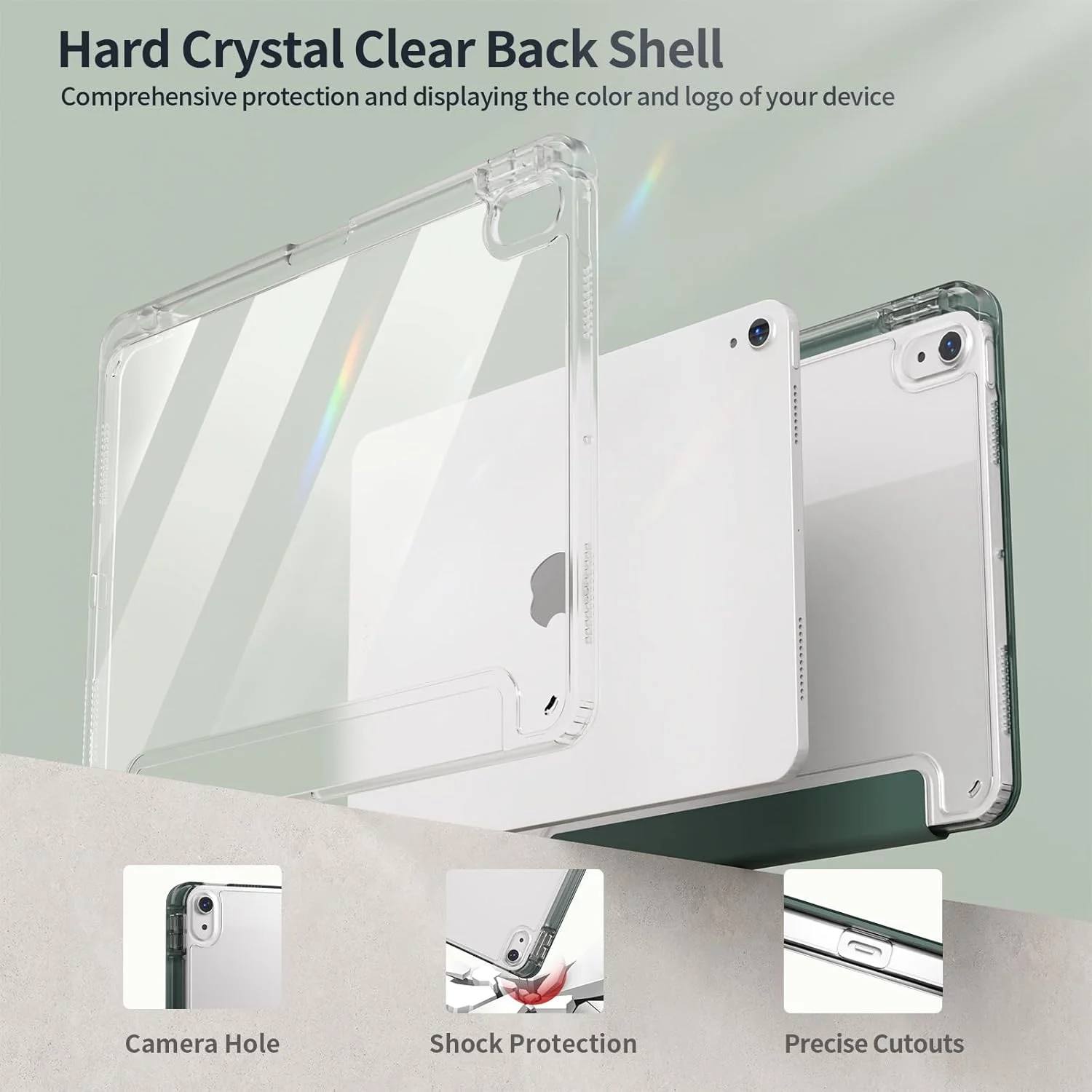 KVTVOU Case for iPad Air 11 Inch 2025/2024 (M3/M2 7th/6th Gen), iPad Air 5th / 4th Generation 2022/2020 10.9 Inch with Pencil Holder, Clear Back, Ultrathin Protective Case, Auto Sleep/Wake, Dark Green