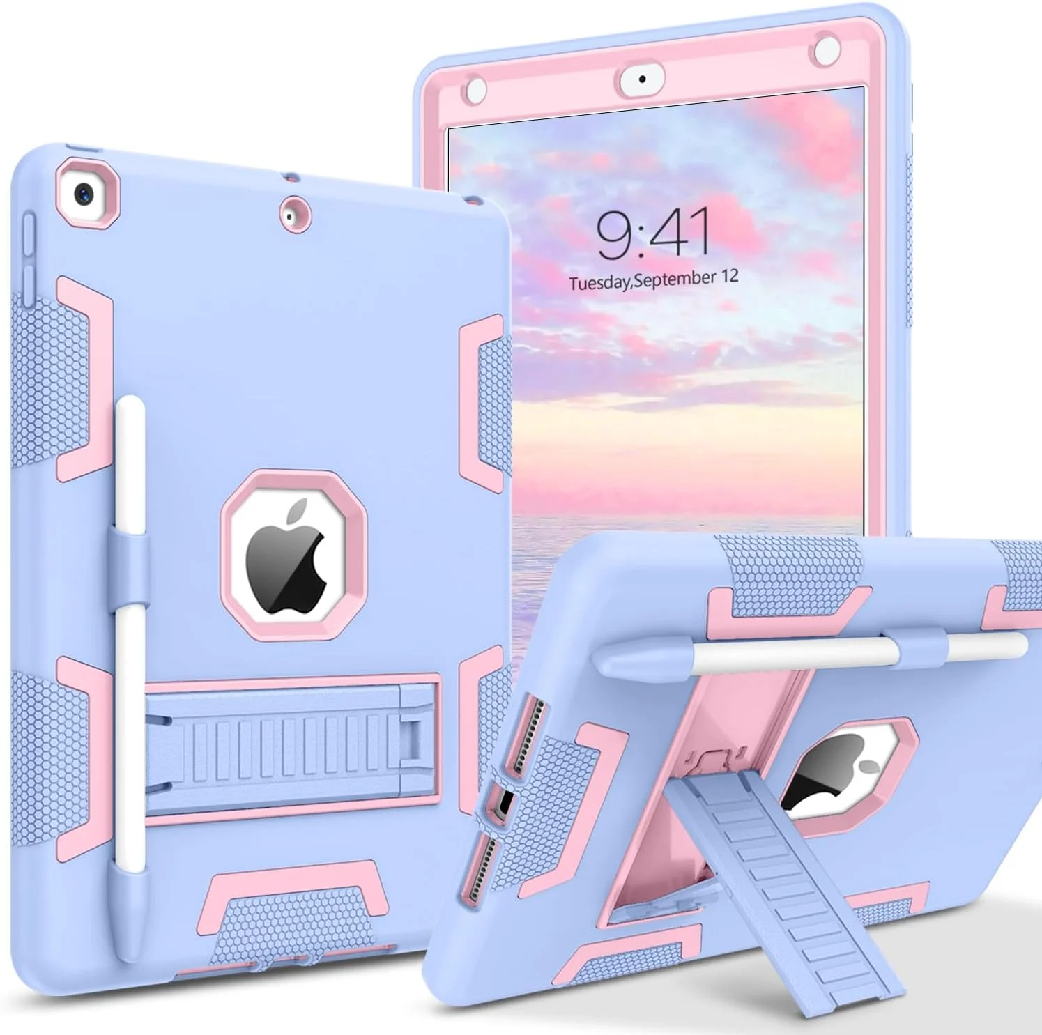 کیف محافظ تلاسو سازگار با آیپد نسل نهم، آیپد نسل هشتم، آیپد نسل هفتم، آیپد 10.2 اینچ 2021/2020/2019، کیف پایه دار مقاوم با جای قلم، آبی آسمانی/صورتی