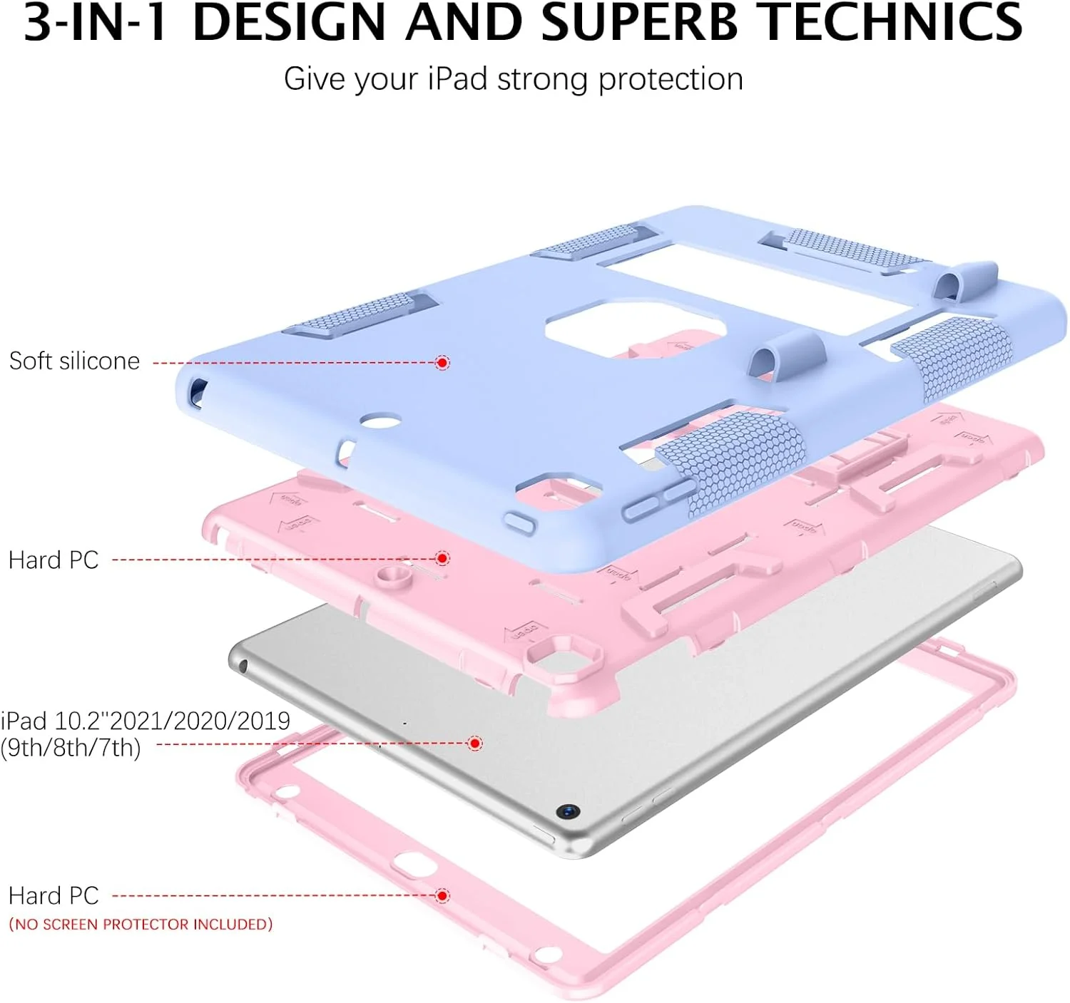 کیف محافظ تلاسو سازگار با آیپد نسل نهم، آیپد نسل هشتم، آیپد نسل هفتم، آیپد 10.2 اینچ 2021/2020/2019، کیف پایه دار مقاوم با جای قلم، آبی آسمانی/صورتی