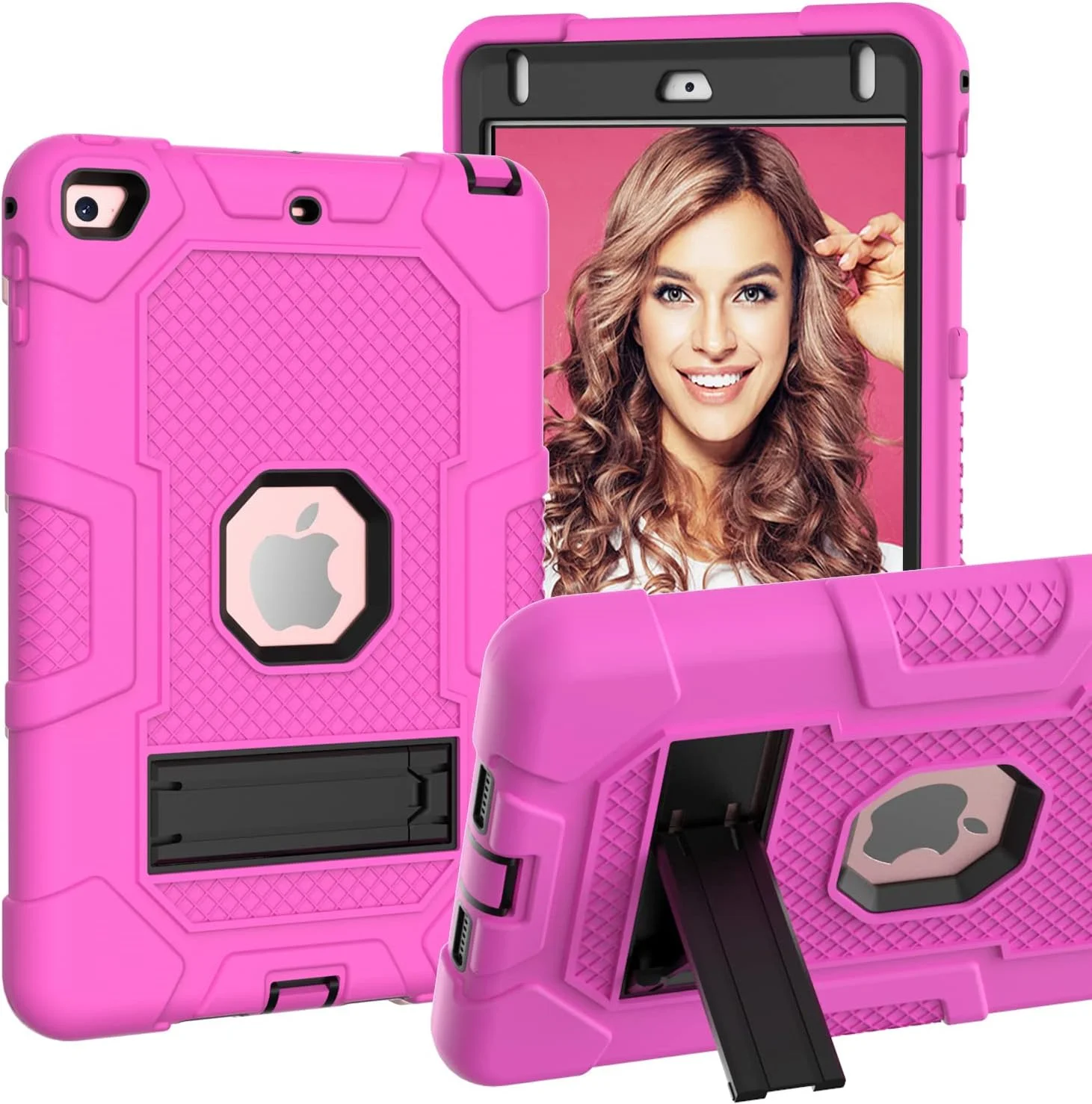 YEOU iPad mini4/5 Case with Stand, Heavy Duty Shockproof Hard Hybrid Triple Layer Protective Soft Shell Apple Tablet Silicone Case (Rose + Black)