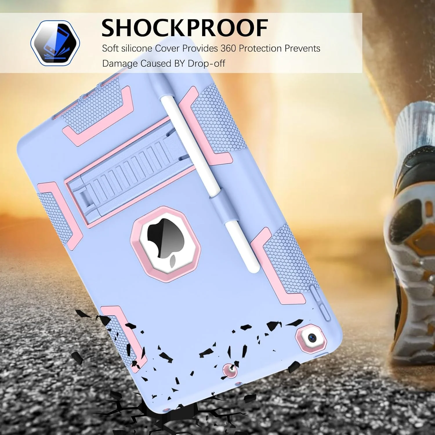 کیف محافظ تلاسو سازگار با آیپد نسل نهم، آیپد نسل هشتم، آیپد نسل هفتم، آیپد 10.2 اینچ 2021/2020/2019، کیف پایه دار مقاوم با جای قلم، آبی آسمانی/صورتی