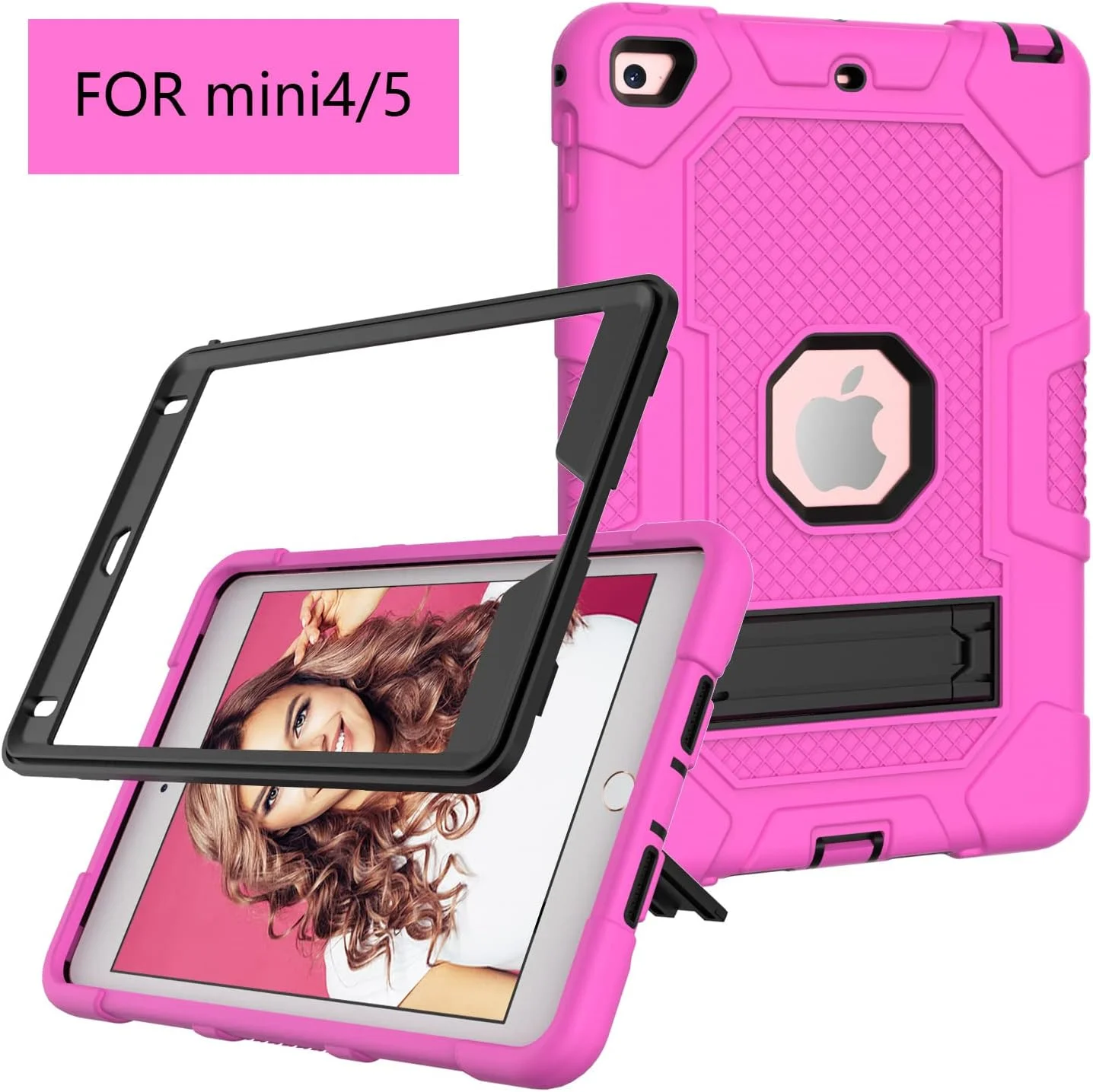 YEOU iPad mini4/5 Case with Stand, Heavy Duty Shockproof Hard Hybrid Triple Layer Protective Soft Shell Apple Tablet Silicone Case (Rose + Black)