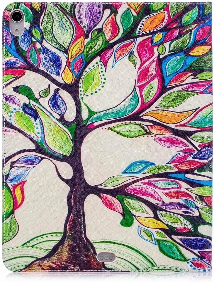 کیف چرمی LEMORRY برای Apple iPad Pro 12.9 (2018)، کیف پول تاشو، محافظ باریک، پایه مغناطیسی، کاور TPU نرم برای تبلت iPad Pro 12.9 (2018)، طرح درخت رنگی