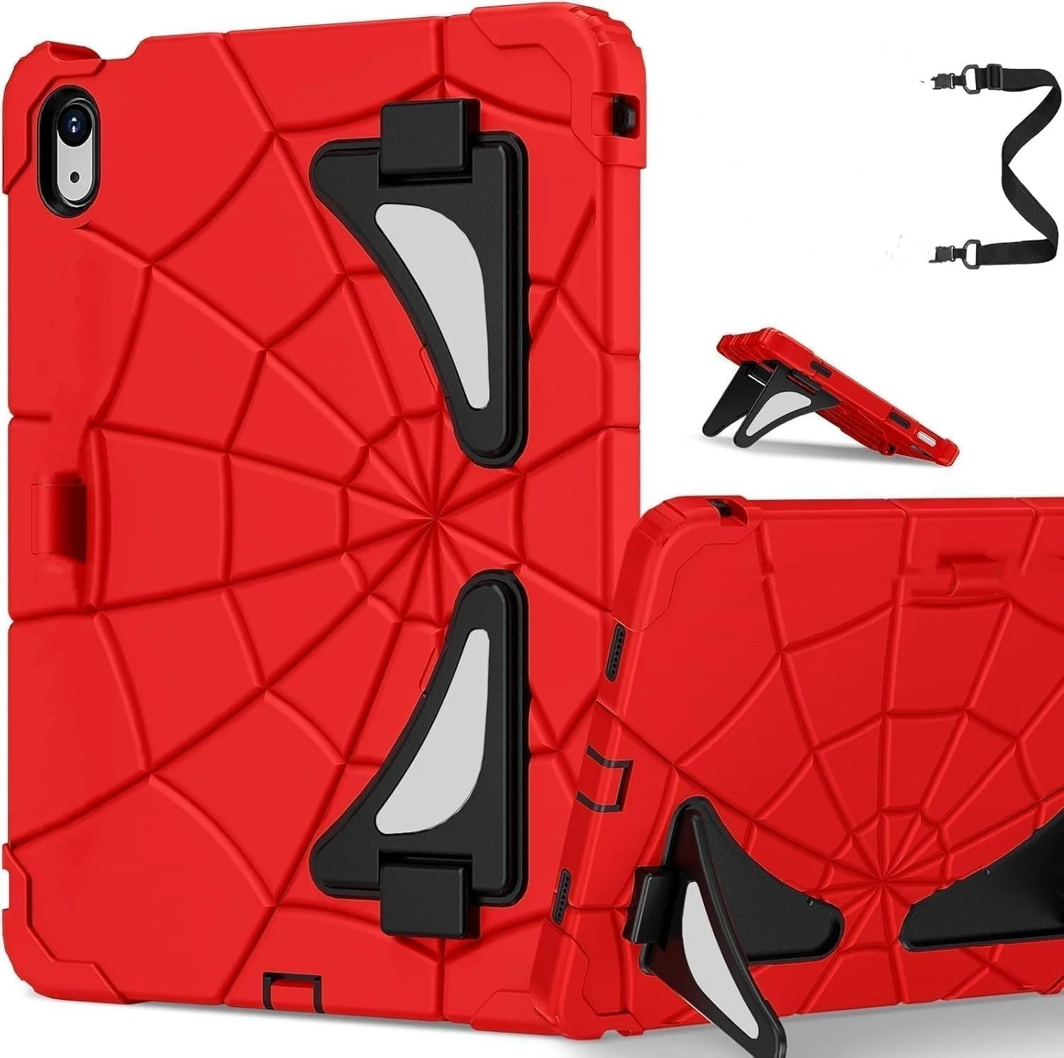 کاور مناسب برای آیپد (A16) نسل 11 اینچ و آیپد نسل 10 اینچ 10.9 اینچ کودکانه با پایه و بند شانه، کاور ضد ضربه برای آیپد نسل 11/10 تولید 2025/2022 (قرمز مشکی)