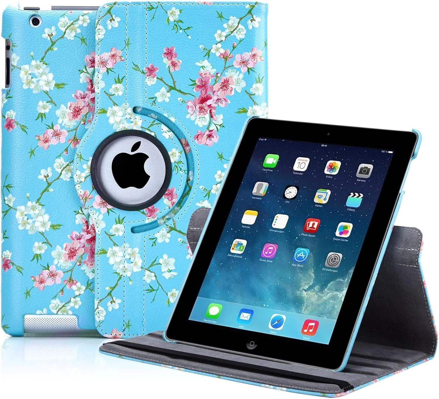 کاور تبلت چرمی طرح گلدار سری 32nd مدل Book Folio مناسب برای Apple iPad 2, 3 & 4، قاب تاشو با طرح گل و استند داخلی - آبی بهاری