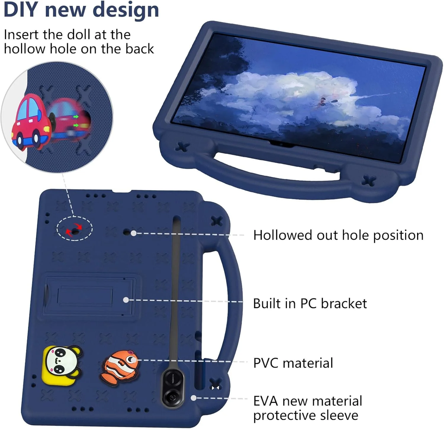 کیف Billionn سازگار با Honor Pad X9 11.5 اینچی، لوازم جانبی DIY برای کودکان، کیف ضد ضربه با [نگهدارنده مداد] [بند شانه] [پایه دسته]، آبی تیره