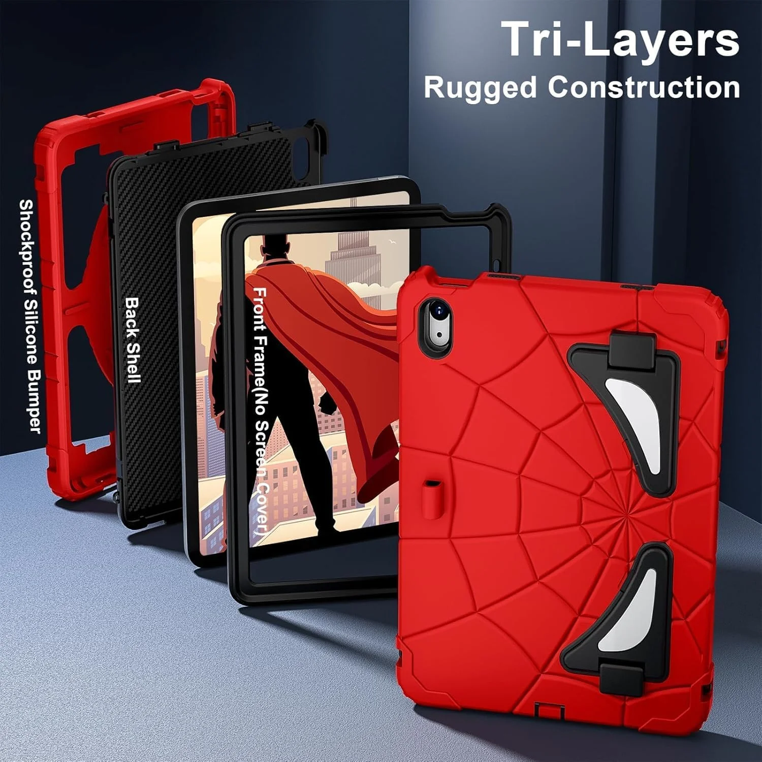 کاور مناسب برای آیپد (A16) نسل 11 اینچ و آیپد نسل 10 اینچ 10.9 اینچ کودکانه با پایه و بند شانه، کاور ضد ضربه برای آیپد نسل 11/10 تولید 2025/2022 (قرمز مشکی)