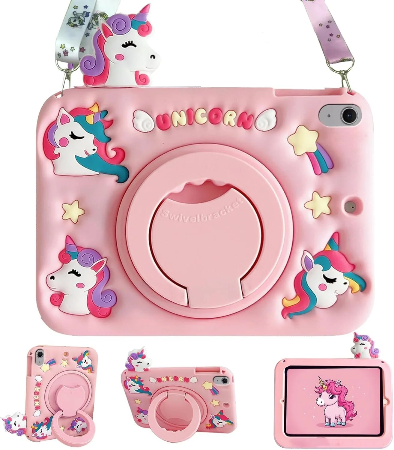 کیف محافظ کودکانه سازگار با آیپد (A16) نسل 11/10 (2025/2022)، کاور محافظ سیلیکونی ضد ضربه با استند و بند شانه (صورتی)