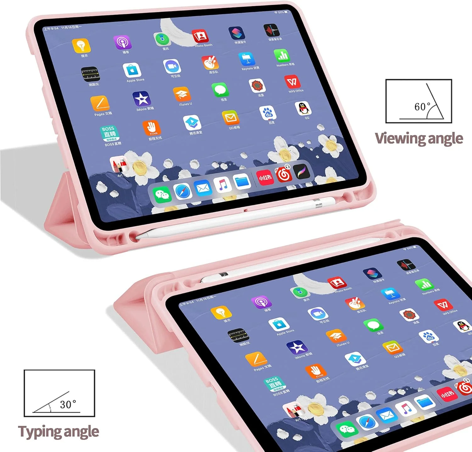 کاور AWH برای آیپد پرو 11 2020 و 2018 با جای قلم، کاور باریک و سبک با قابلیت تاشوندگی، پشتیبانی از اتصال قلم اپل، قابلیت بیدار شدن/به خواب رفتن خودکار برای آیپد پرو 11 اینچ (صورتی)