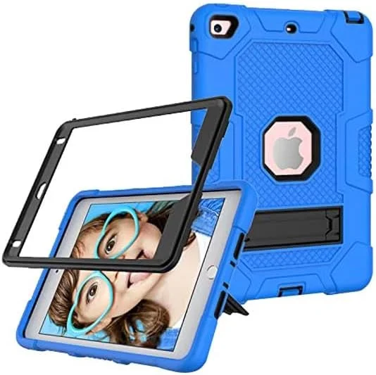 کیف محافظ آیپد مینی 4/5 YEOU با پایه، مقاوم در برابر ضربه، سه لایه محافظتی سخت و نرم، قاب سیلیکونی تبلت اپل (آبی تیره + مشکی)
