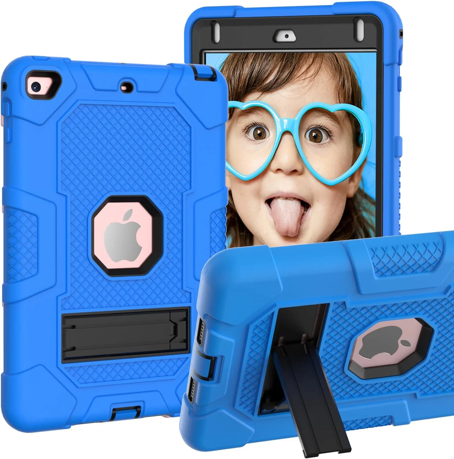 کیف محافظ آیپد مینی 4/5 YEOU با پایه، مقاوم در برابر ضربه، سه لایه محافظتی سخت و نرم، قاب سیلیکونی تبلت اپل (آبی تیره + مشکی)
