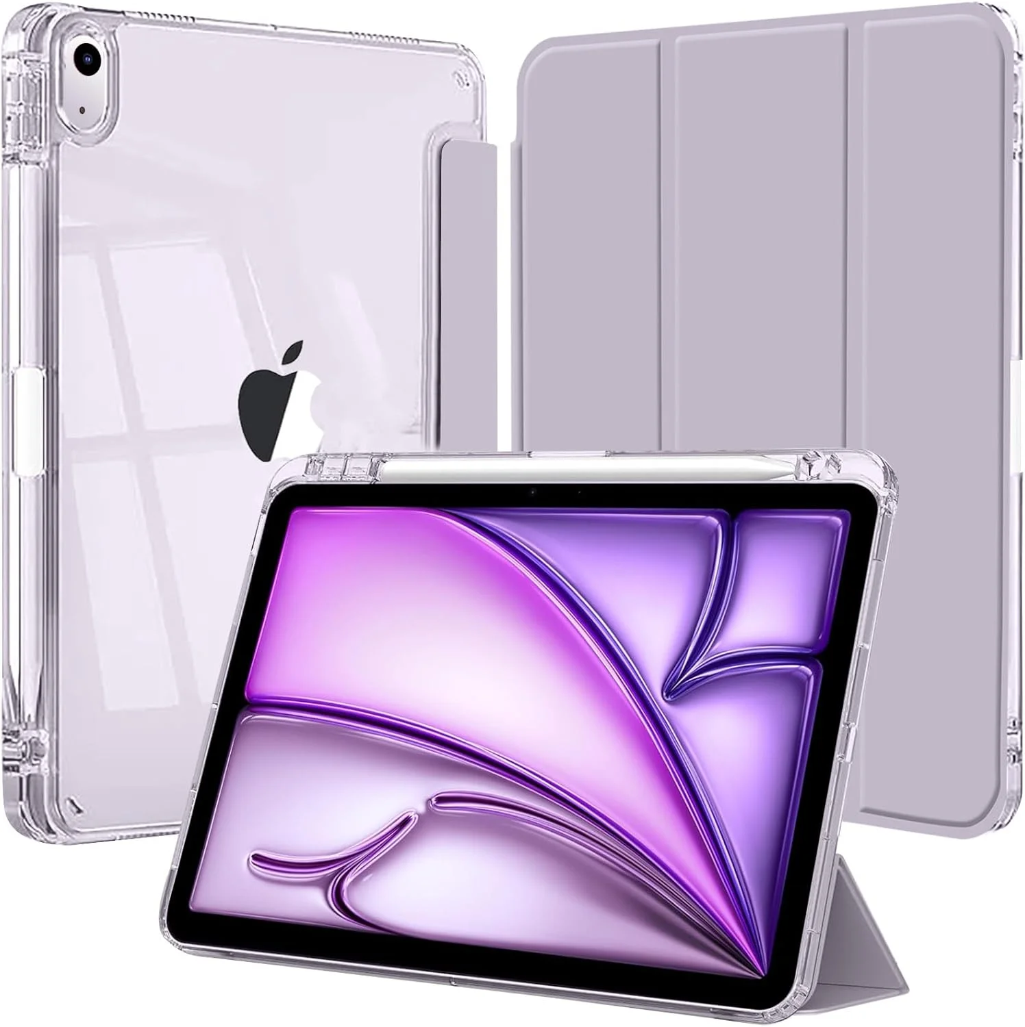 کاور آیپد ایر 11 اینچی M3/M2 (2025/2024)، آیپد ایر 5/4 (2022/2020 نسل 5/4) با نگهدارنده قلم و ضربه گیر TPU نرم، پشت شفاف، کاور باریک و ضد ضربه تبلت، بنفش