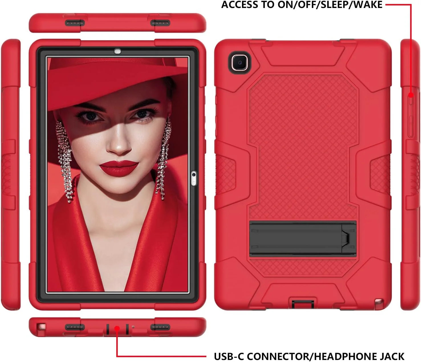 کیف تبلت سامسونگ Tab A7 10.4 T505/T500/T507/T505N مدل 2020 به همراه استند، مقاوم در برابر ضربه، سه لایه محافظتی سخت، بدنه نرم، مناسب تبلت اپل، جنس سیلیکونی (قرمز + مشکی)