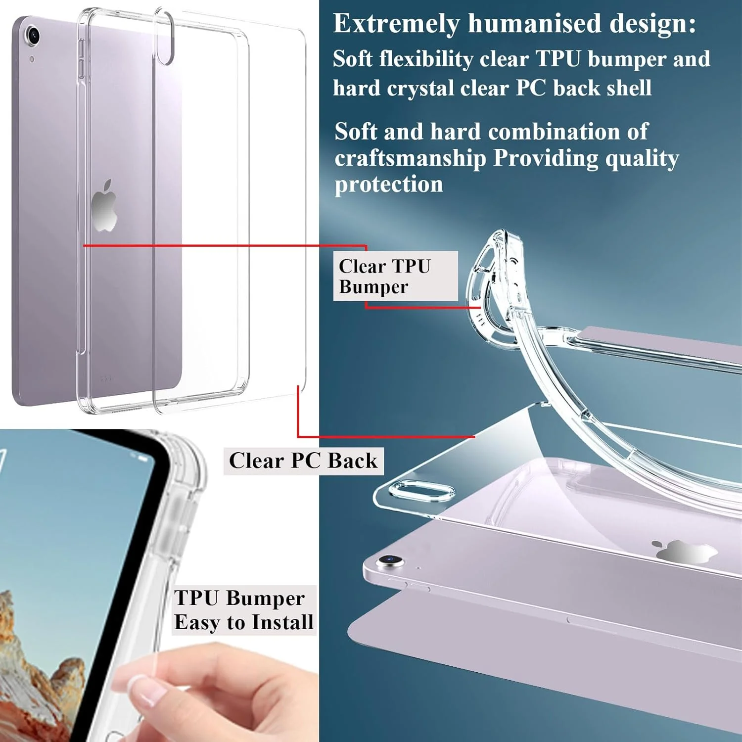 کاور آیپد ایر 11 اینچی M3/M2 (2025/2024)، آیپد ایر 5/4 (2022/2020 نسل 5/4) با نگهدارنده قلم و ضربه گیر TPU نرم، پشت شفاف، کاور باریک و ضد ضربه تبلت، بنفش