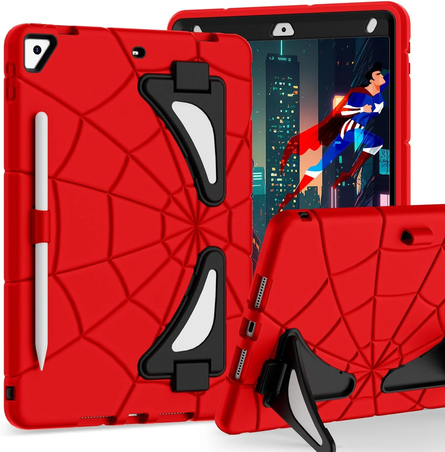کیف محافظ کودکانه Chstls مناسب برای آیپد نسل 9/8/7 (10.2 اینچی، 2021/2020/2019)، کاور محافظتی مقاوم و سه لایه ضد ضربه با استند برای کودکان پسر و دختر - قرمز + مشکی