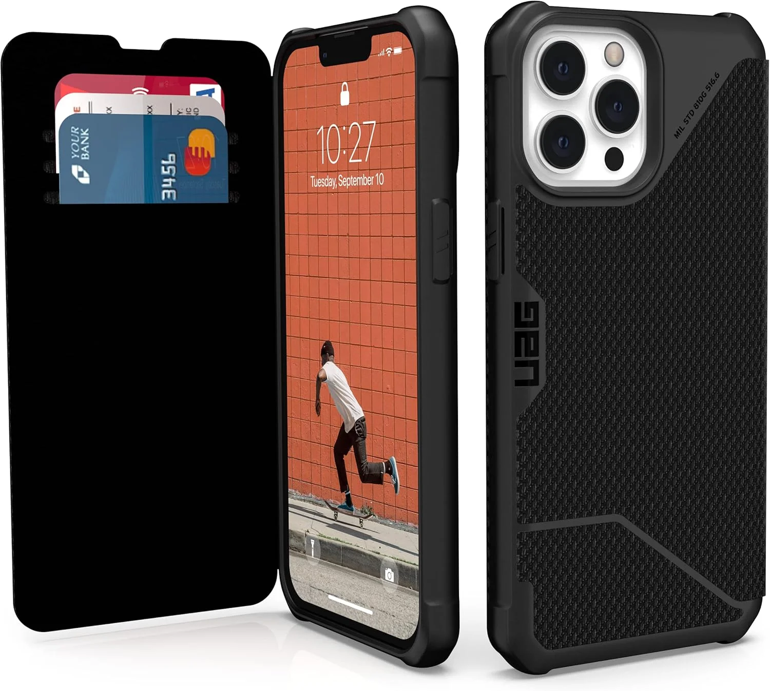 کاور محافظ تاشو مشکی کولار UAG سری Metropolis مناسب برای آیفون 13 پرو مکس، دارای جای کارت و استند تماشا، فوق العاده سبک و مقاوم، [مناسب صفحه نمایش 6.7 اینچی]