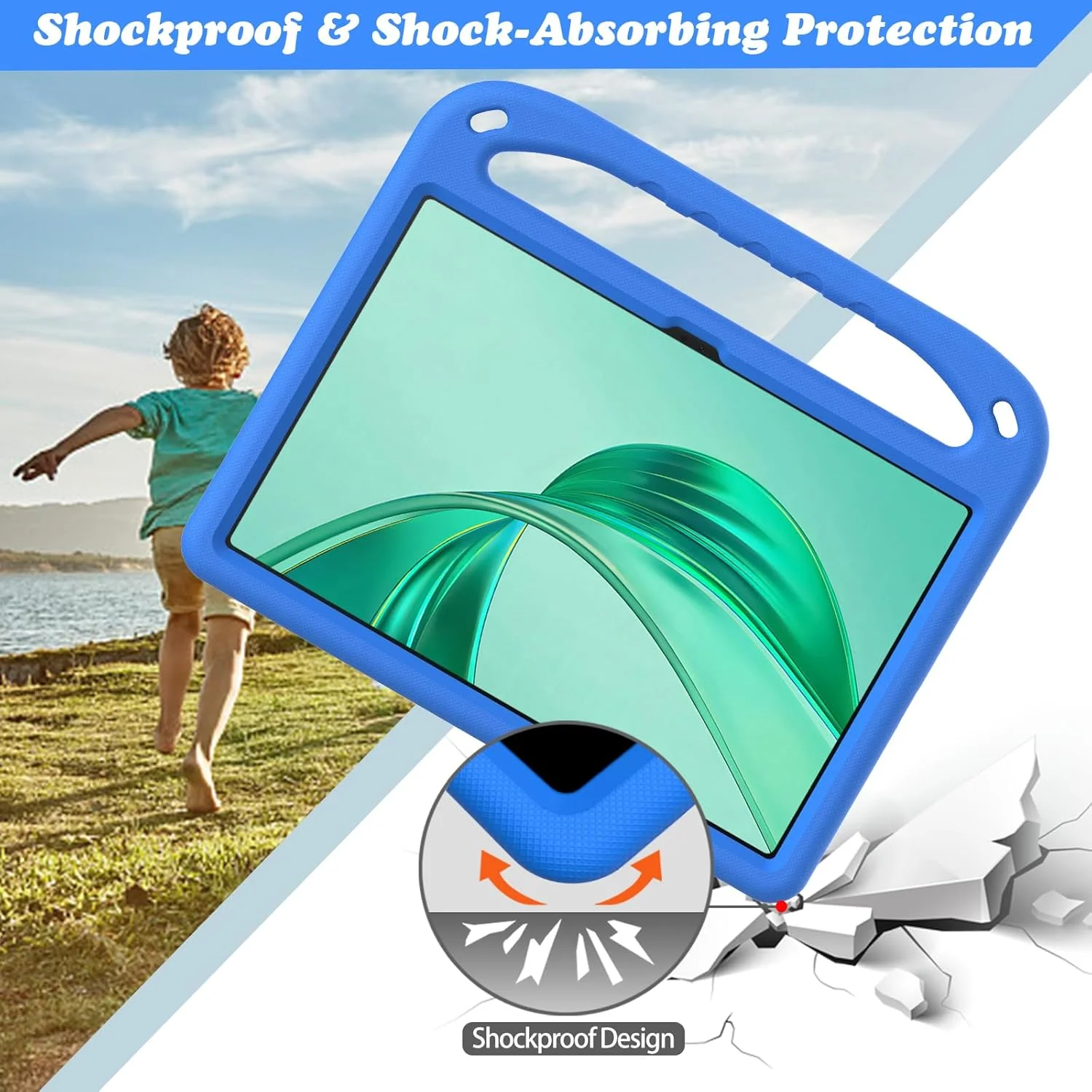 کیف محافظ کودکانه GOZOPO برای تبلت آنر پد X8a 11 اینچی، سبک و ضد ضربه به همراه پایه دسته دار سازگار با آنر پد X8a 2024 (آبی)