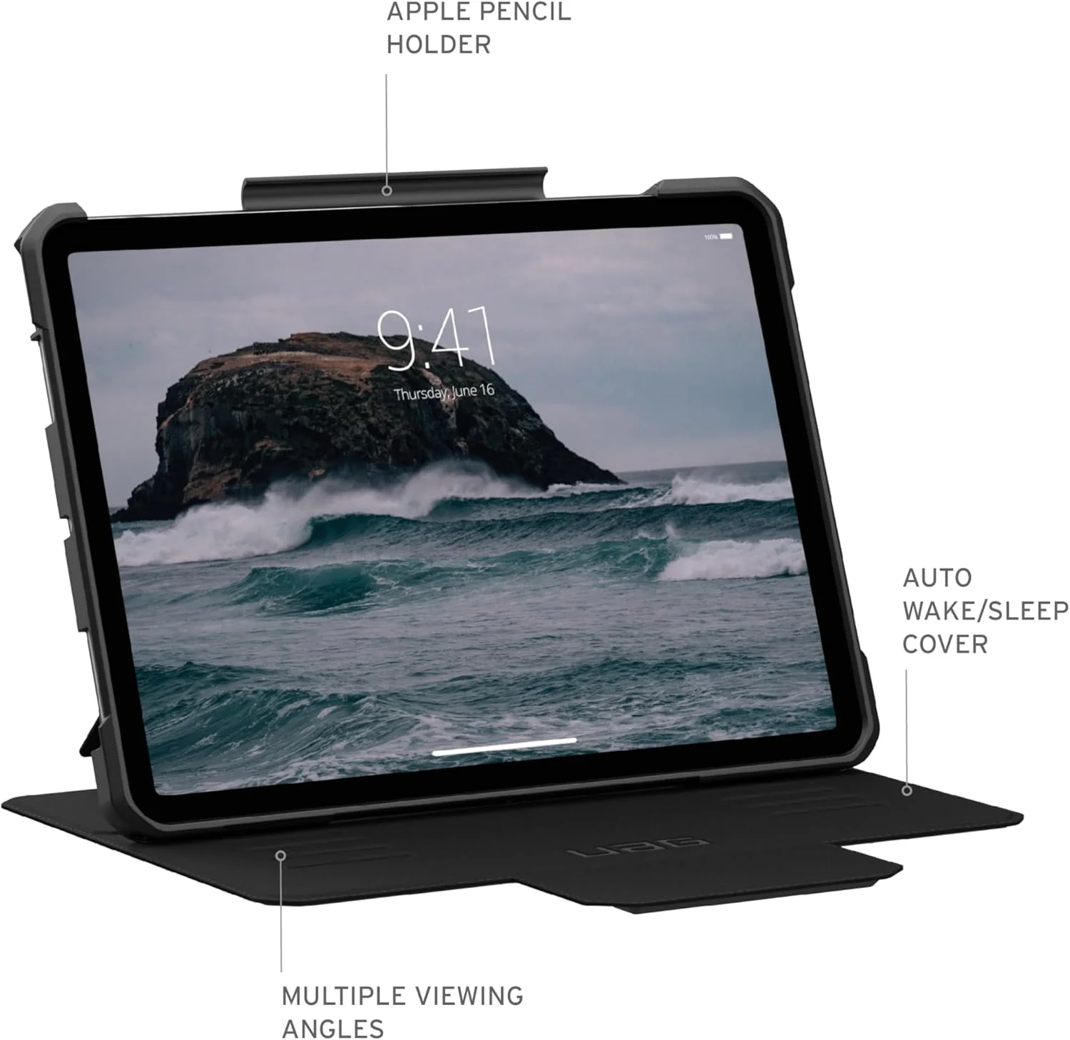 کاور محافظ آیپد ایر 11 اینچ Urban Armor Gear UAG Metropolis SE (مدل 2024) M2 به همراه جای قلم و استند قابل تنظیم چند زاویه - مشکی