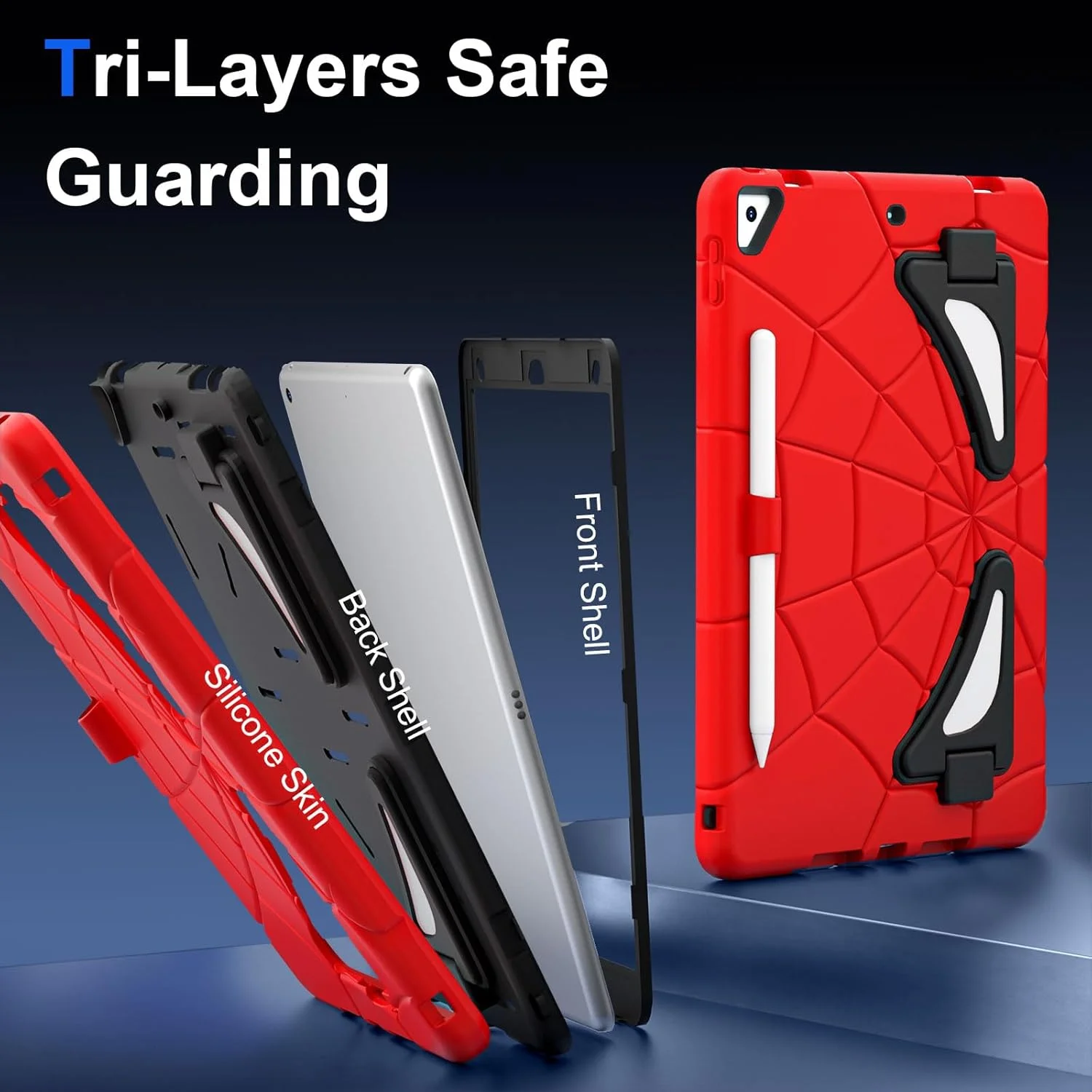 کیف محافظ کودکانه Chstls مناسب برای آیپد نسل 9/8/7 (10.2 اینچی، 2021/2020/2019)، کاور محافظتی مقاوم و سه لایه ضد ضربه با استند برای کودکان پسر و دختر - قرمز + مشکی