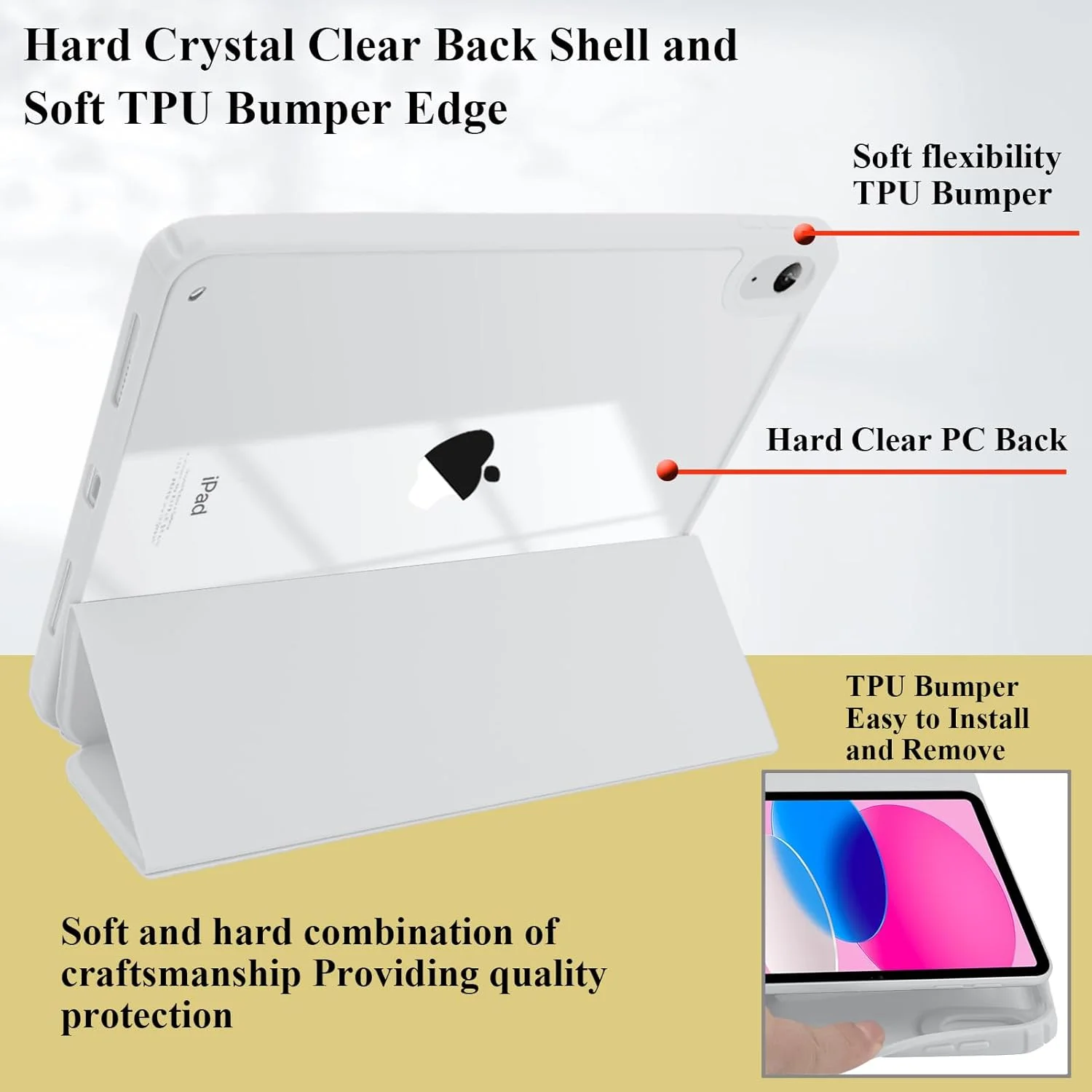 کیف A-BEAUTY سازگار با آیپد (A16) نسل 11/10 (2025/2022)، کاور پشتی شفاف ضد ضربه با نگهدارنده قلم، استند سه تایی، بیدار/خواب خودکار، خاکستری