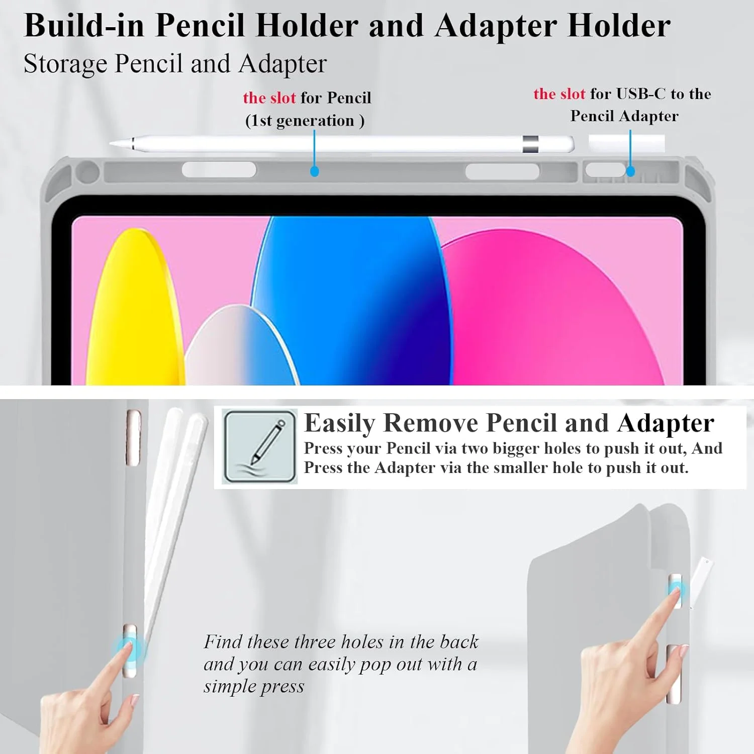 کیف A-BEAUTY سازگار با آیپد (A16) نسل 11/10 (2025/2022)، کاور پشتی شفاف ضد ضربه با نگهدارنده قلم، استند سه تایی، بیدار/خواب خودکار، خاکستری