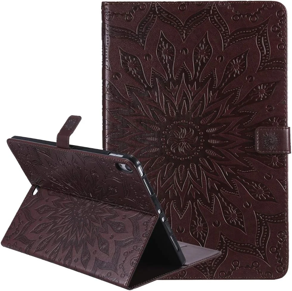 کیف چرمی LEMORRY مناسب برای Apple iPad Pro 12.9 اینچ 2018، کیف تاشو، کیف پول چرمی، محافظ باریک، پایه مغناطیسی، پوشش نرم TPU، طرح شکوفه (قهوه ای)