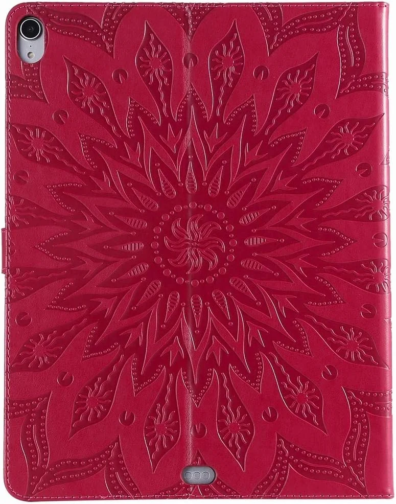 کیف محافظ چرمی LEMORRY مناسب برای آیپد پرو 12.9 اینچ 2018، کیف پول تاشو، محافظ باریک، پایه مغناطیسی، پوشش محافظ TPU نرم برای آیپد پرو 12.9 اینچ 2018، طرح شکوفه (قرمز)