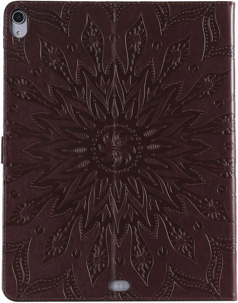 کیف چرمی LEMORRY مناسب برای Apple iPad Pro 12.9 اینچ 2018، کیف تاشو، کیف پول چرمی، محافظ باریک، پایه مغناطیسی، پوشش نرم TPU، طرح شکوفه (قهوه ای)