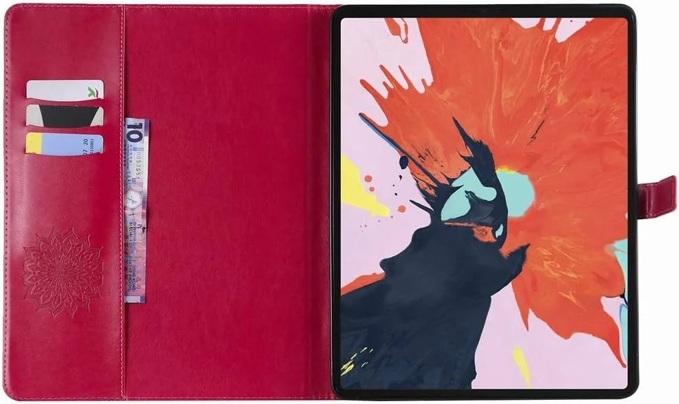 کیف محافظ چرمی LEMORRY مناسب برای آیپد پرو 12.9 اینچ 2018، کیف پول تاشو، محافظ باریک، پایه مغناطیسی، پوشش محافظ TPU نرم برای آیپد پرو 12.9 اینچ 2018، طرح شکوفه (قرمز)