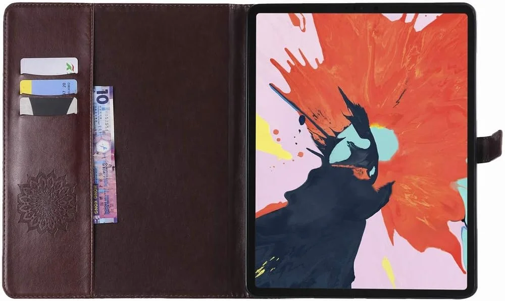 کیف چرمی LEMORRY مناسب برای Apple iPad Pro 12.9 اینچ 2018، کیف تاشو، کیف پول چرمی، محافظ باریک، پایه مغناطیسی، پوشش نرم TPU، طرح شکوفه (قهوه ای)
