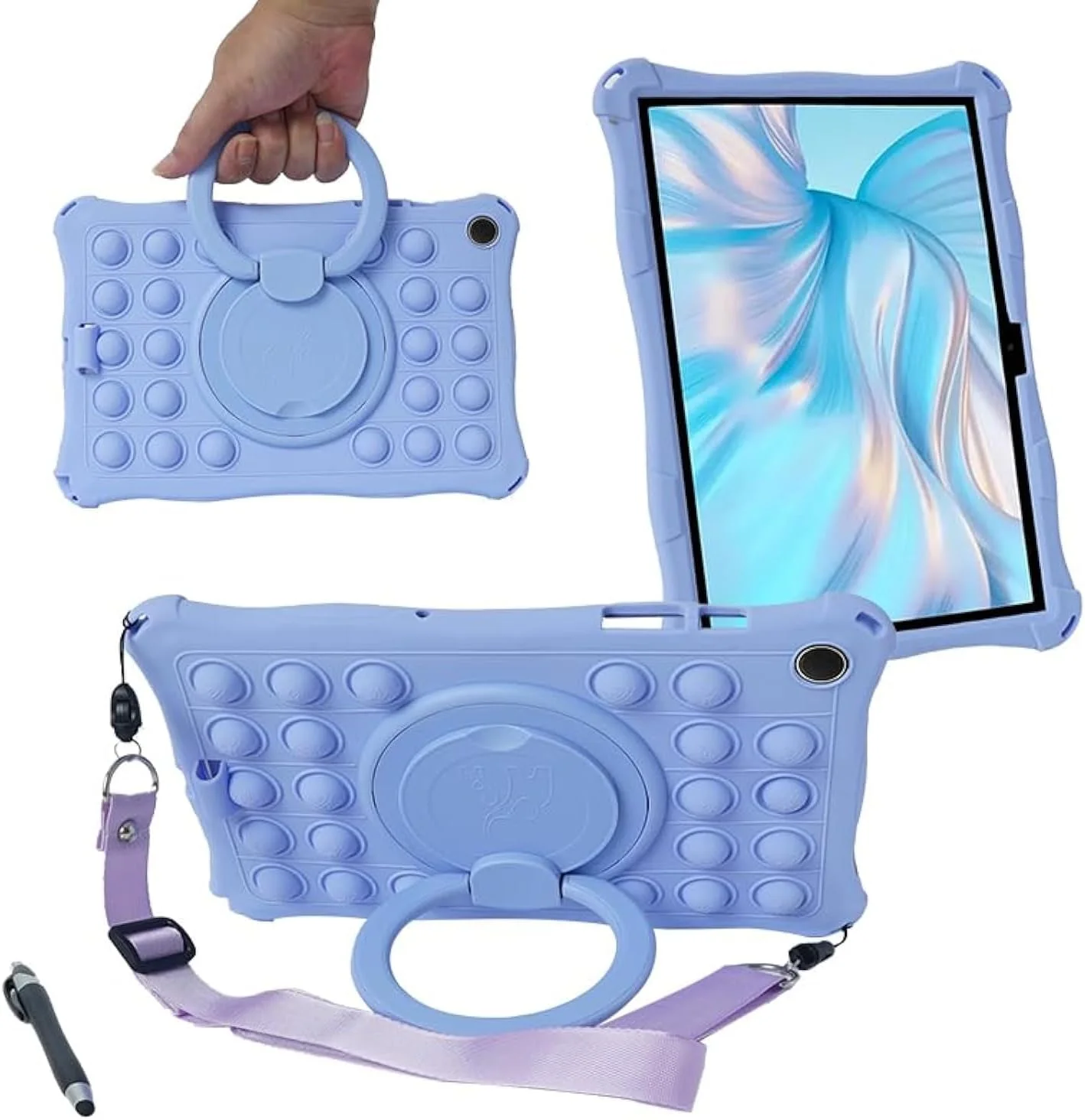 کاور کودکانه تبلت سامسونگ گلکسی تب A9 سایز 8.7 اینچ 2023، دارای دستگیره قابل حمل، کاور سیلیکونی نرم و مقاوم در برابر ضربه با پایه قابل تنظیم مناسب کودکان برای تبلت سامسونگ تب A9 (بنفش)