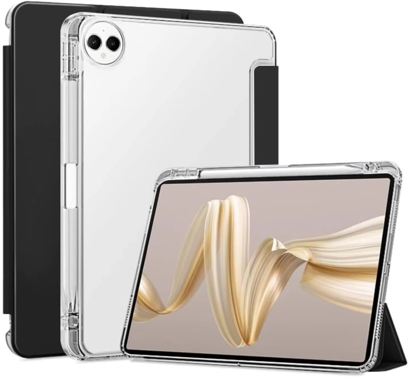 کاور باریک TPU سازگار با Huawei MatePad Pro 12.2 اینچ 2024 (MRO-W00/W10) به همراه جای قلم، قابلیت بیدار/خواب خودکار، کاور پشتی سخت شفاف هوشمند با عملکرد استند (شفاف + مشکی)