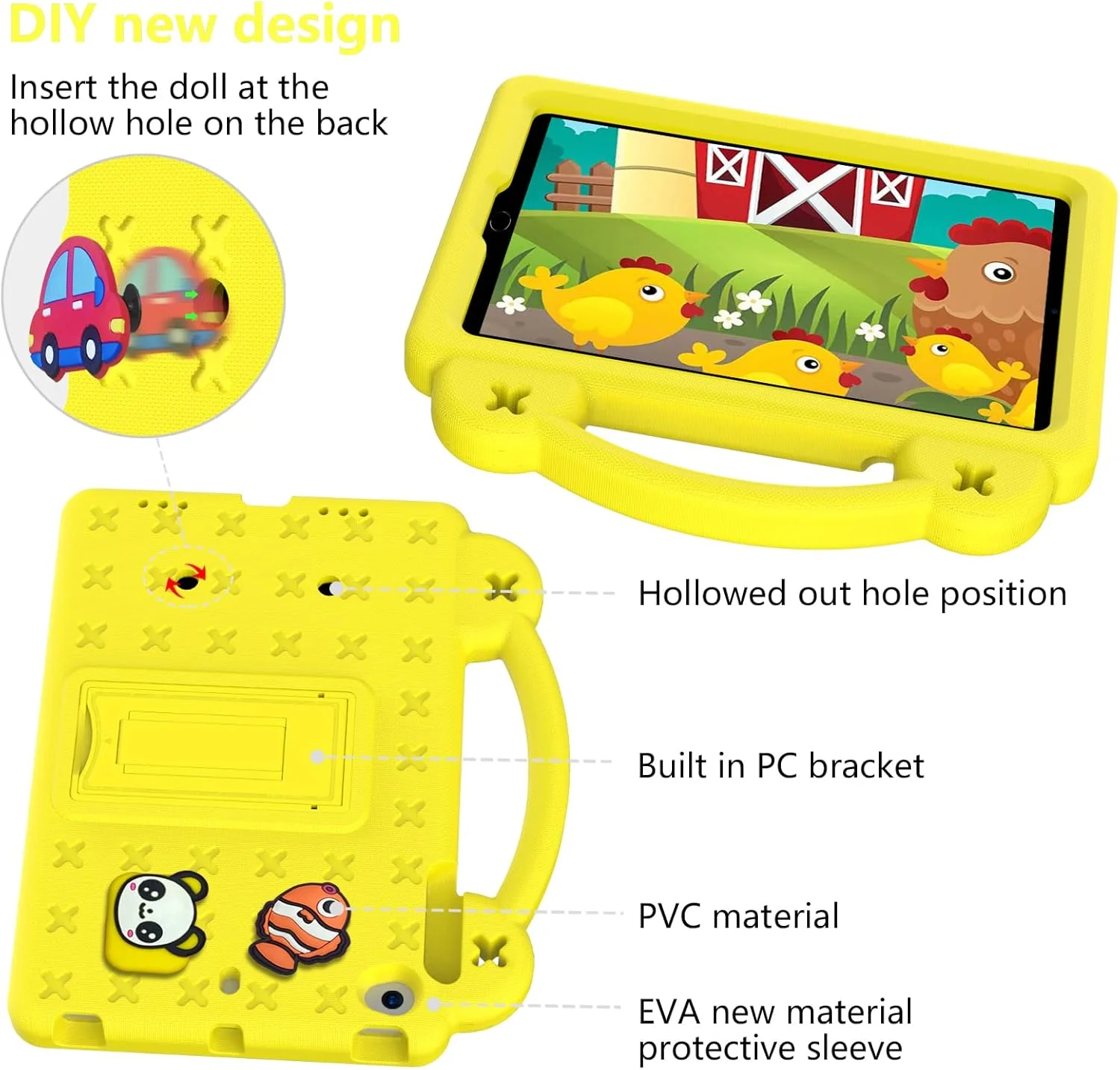 کیف آیپد مینی TENLOY برای کودکان، ضد ضربه EVA با پایه/دسته و بند شانه، روکش محافظ تبلت مناسب کودکان برای آیپد مینی 1 2 3 4 5 (زرد)