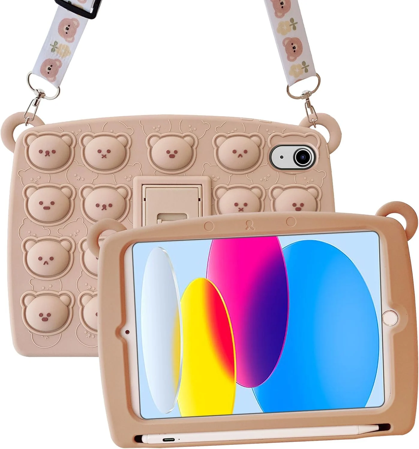کیف A-BEAUTY سازگار با آیپد نسل 10، 10.9 اینچ مدل 2022، طراحی زیبا، جالب و خنده دار برای کودکان دختر و پسر، دارای جای قلم، استند و بند شانه، خرس قهوه ای