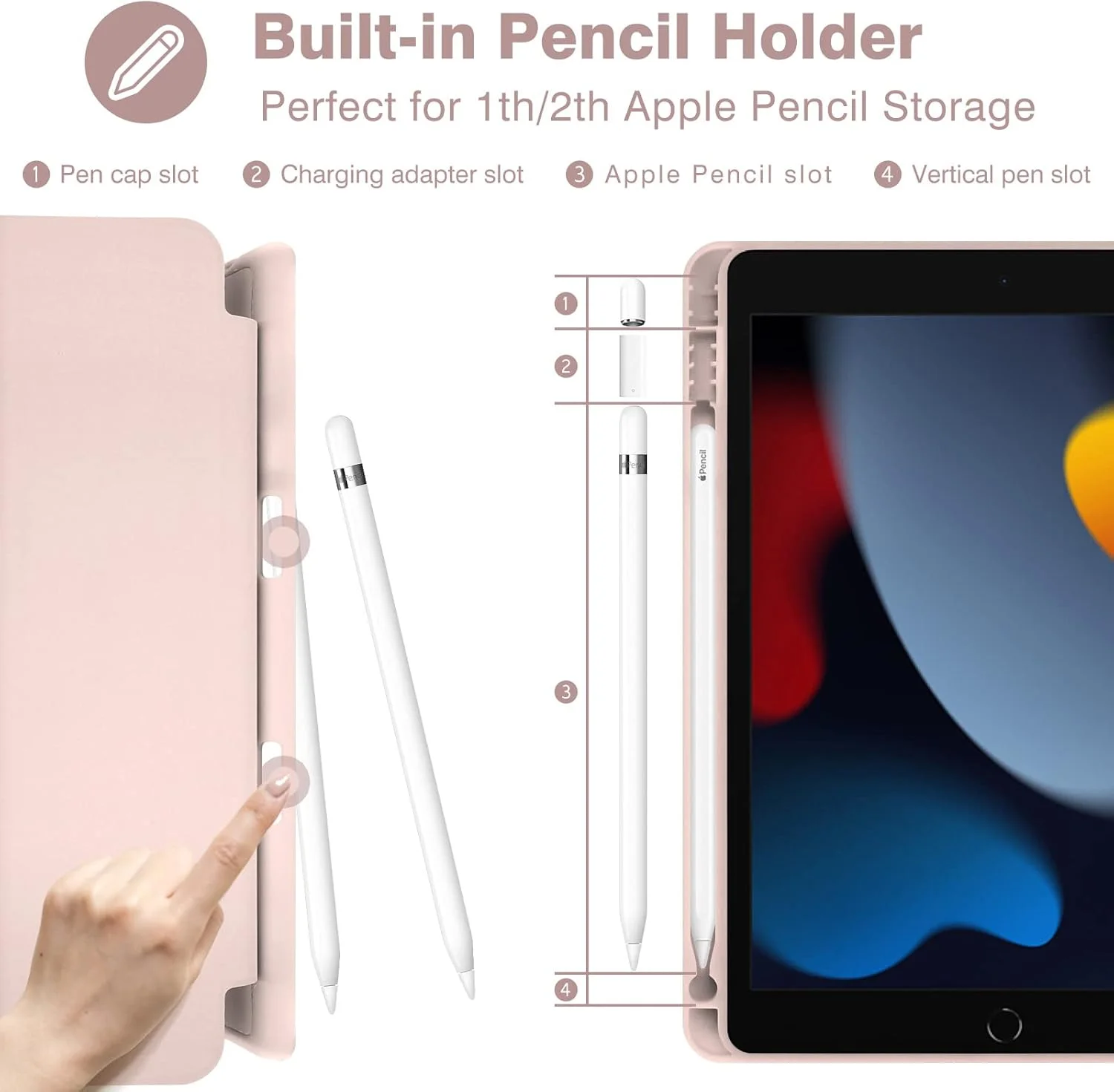 کاور آیپد 10.2 اینچی، کاور آیپد نسل نهم، کاور آیپد نسل هشتم، کاور آیپد نسل هفتم، کاور محافظ با قابلیت بیدار شدن/به خواب رفتن خودکار، کاور محافظ با نگهدارنده مداد، قاب پشتی TPU نرم و باریک، پایه سه تایی هوشمند (صورتی)