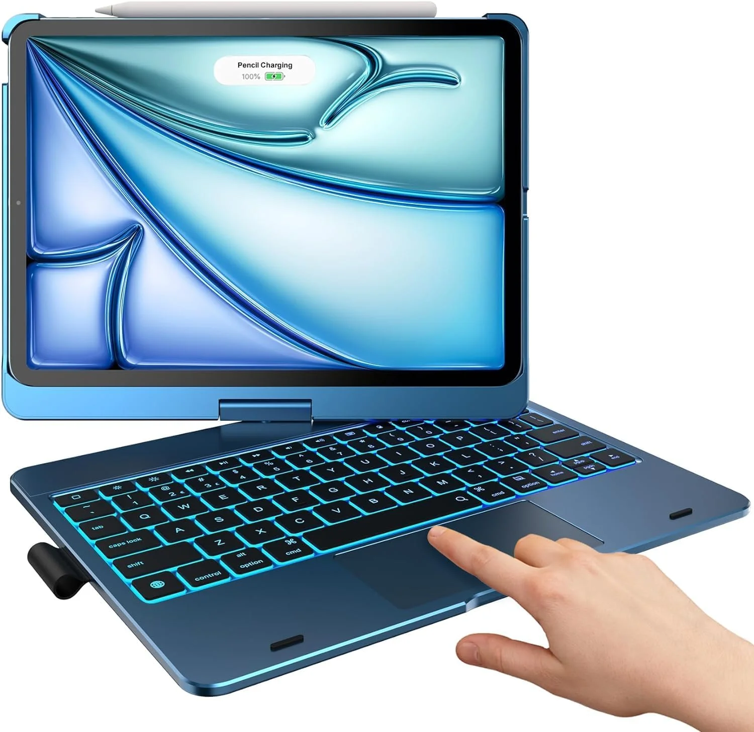 کیبورد و کاور آیپد ایر نسل 5/4 (2022/2020) و آیپد پرو 11 (2021، 2020، 2018) مدل Flexbook با ترک‌پد، نور پس‌زمینه 10 رنگ، کاور محافظ باریک 360 درجه با جایگاه قلم اپل (آبی)