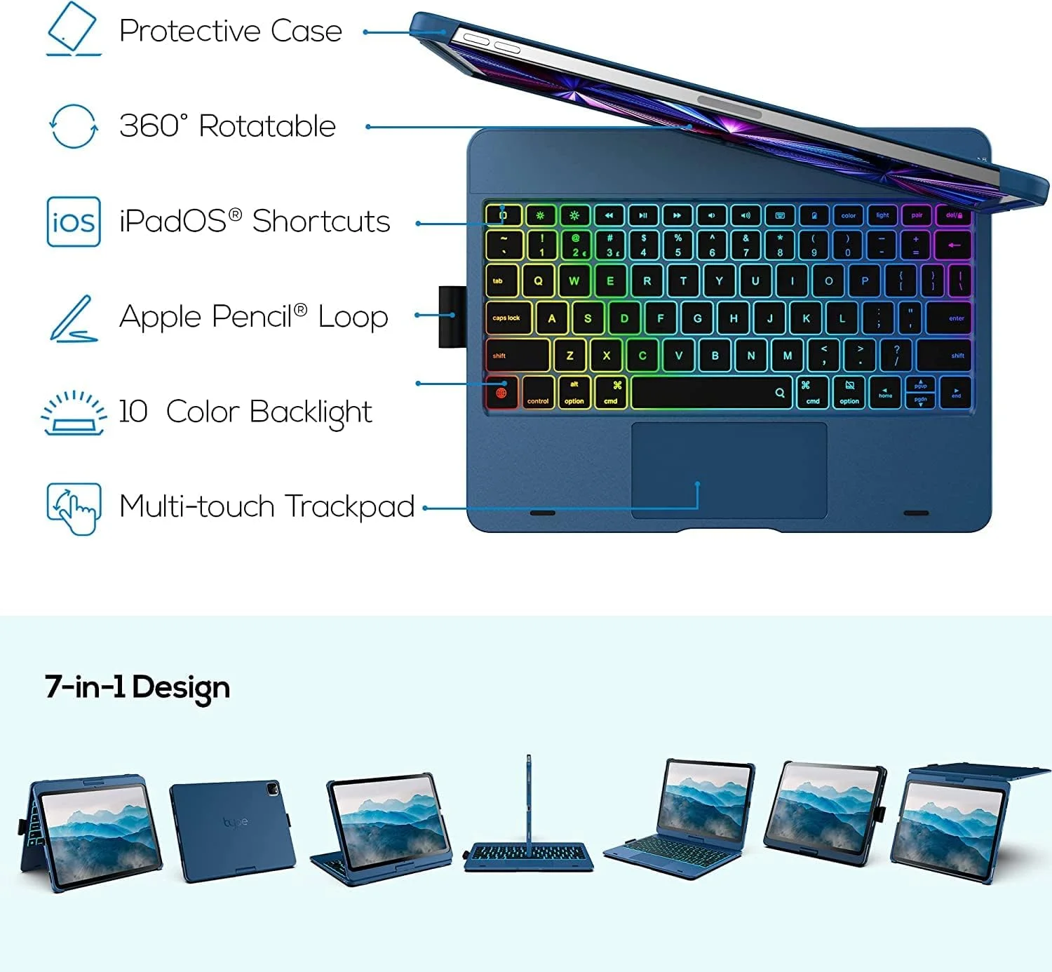 کیبورد و کاور آیپد ایر نسل 5/4 (2022/2020) و آیپد پرو 11 (2021، 2020، 2018) مدل Flexbook با ترک‌پد، نور پس‌زمینه 10 رنگ، کاور محافظ باریک 360 درجه با جایگاه قلم اپل (آبی)